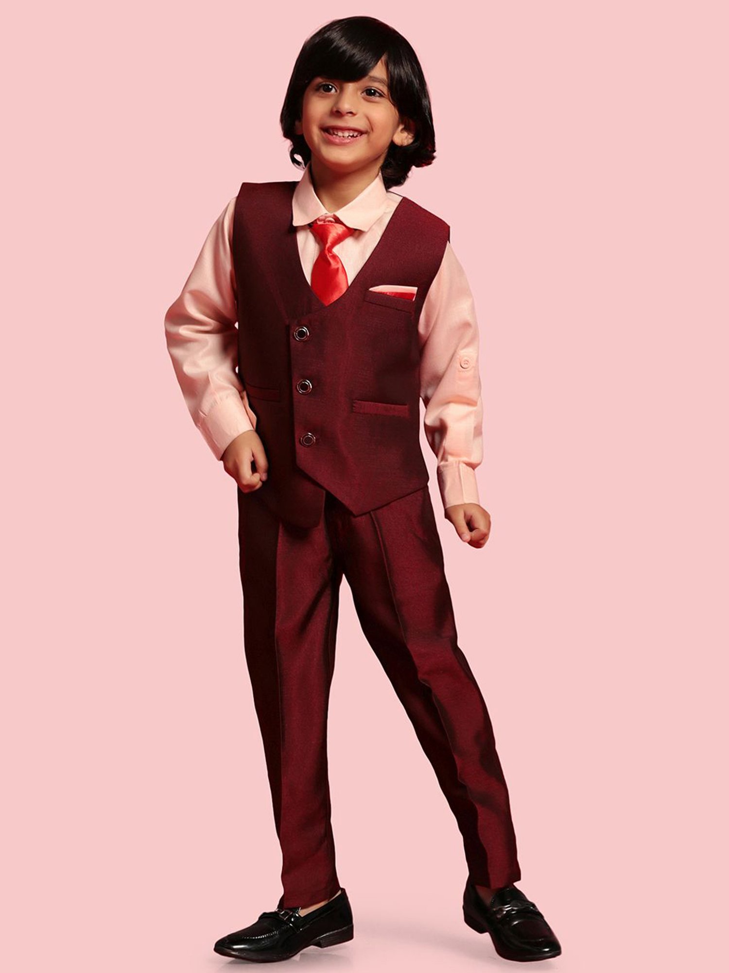 AJ Dezines Kids Maroon & Pink Regular Fit Full Sleeves Shirt Set