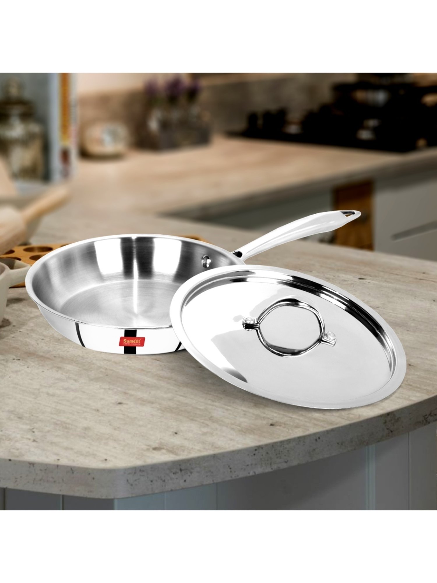 Sumeet Cook Smart TriPly SAS (Steel-Aluminium-Steel - 3 Layers) Fry Pan with Lid - 1 Ltr - 21.6Cm