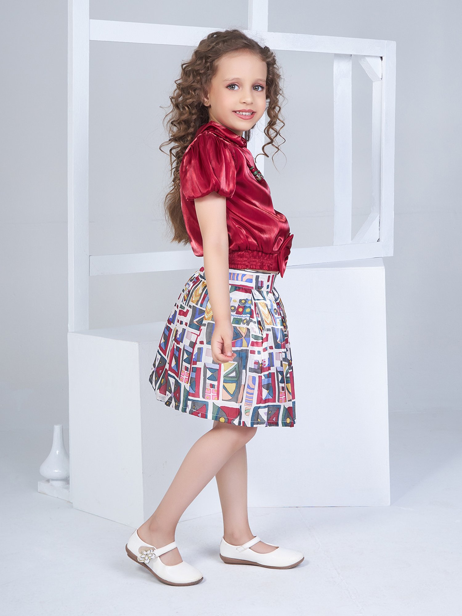Peppermint Kids Maroon & White Printed Top with Skirt