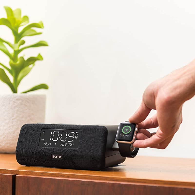 IWBT5 Bluetooth Alarm Clock FM Stereo Radio, Apple Watch Charging, Dual USB Charging Ports, Speakerphone, and Dual Alarm Bedside Desk Clock