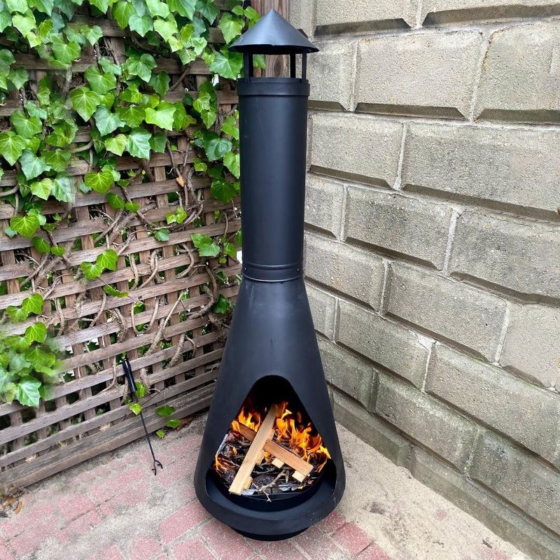 Sunnydaze Outdoor Backyard Patio Steel Wood-Burning Fire Pit Chiminea with Rain Cap, Wood Grate, and Fire Poker - 56" - Black