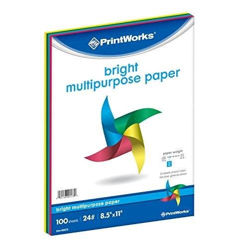 printworks bright colored paper, 24 lb, 4 assorted colors, fsc certified, perfect for school and craft projects, 100 sheets, 8.5 x 11 inch 00576