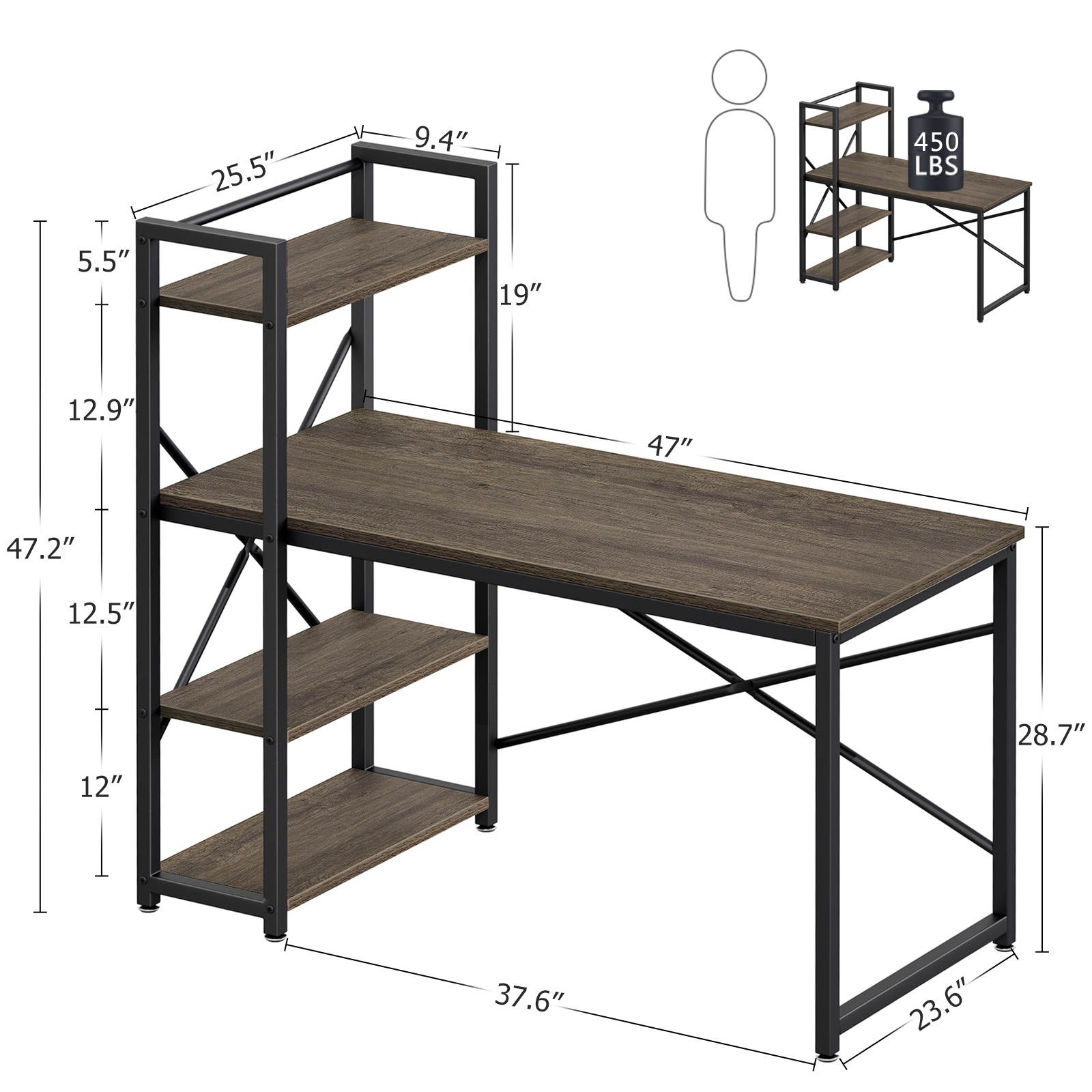 HOMEMAX Computer Desk with Shelves 55.1" Writing Study Table with Adjustable Storage Modern Home Office Desk with Reversible Bookshelf Rustic Gray