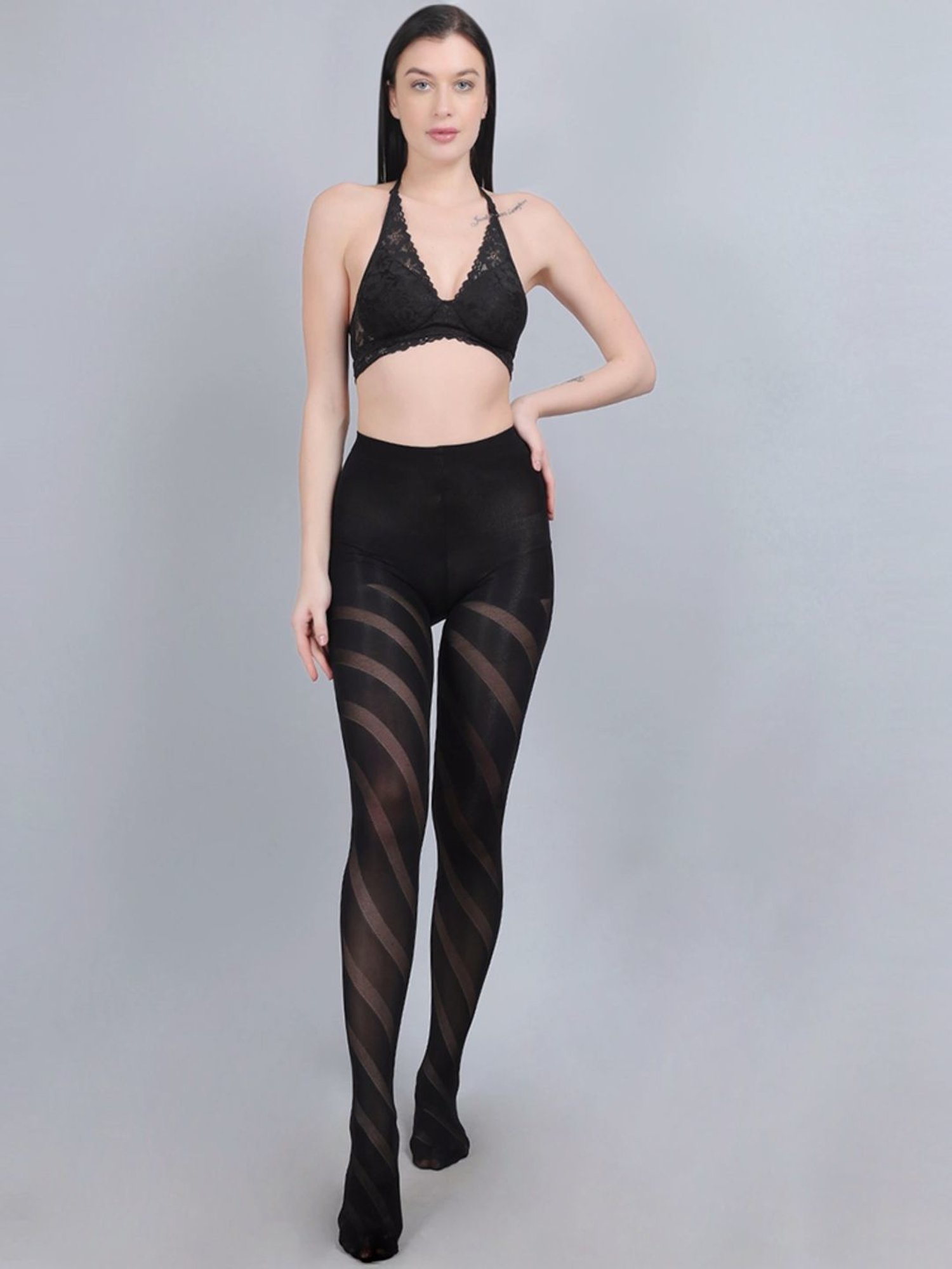mod & shy Black Self Pattern Pantyhose Stockings