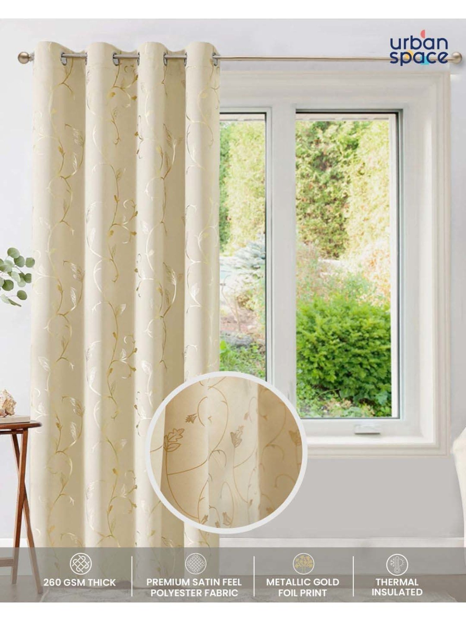 Urban Space Gold Leaf Beige Polyester Printed Black Out Window Curtain