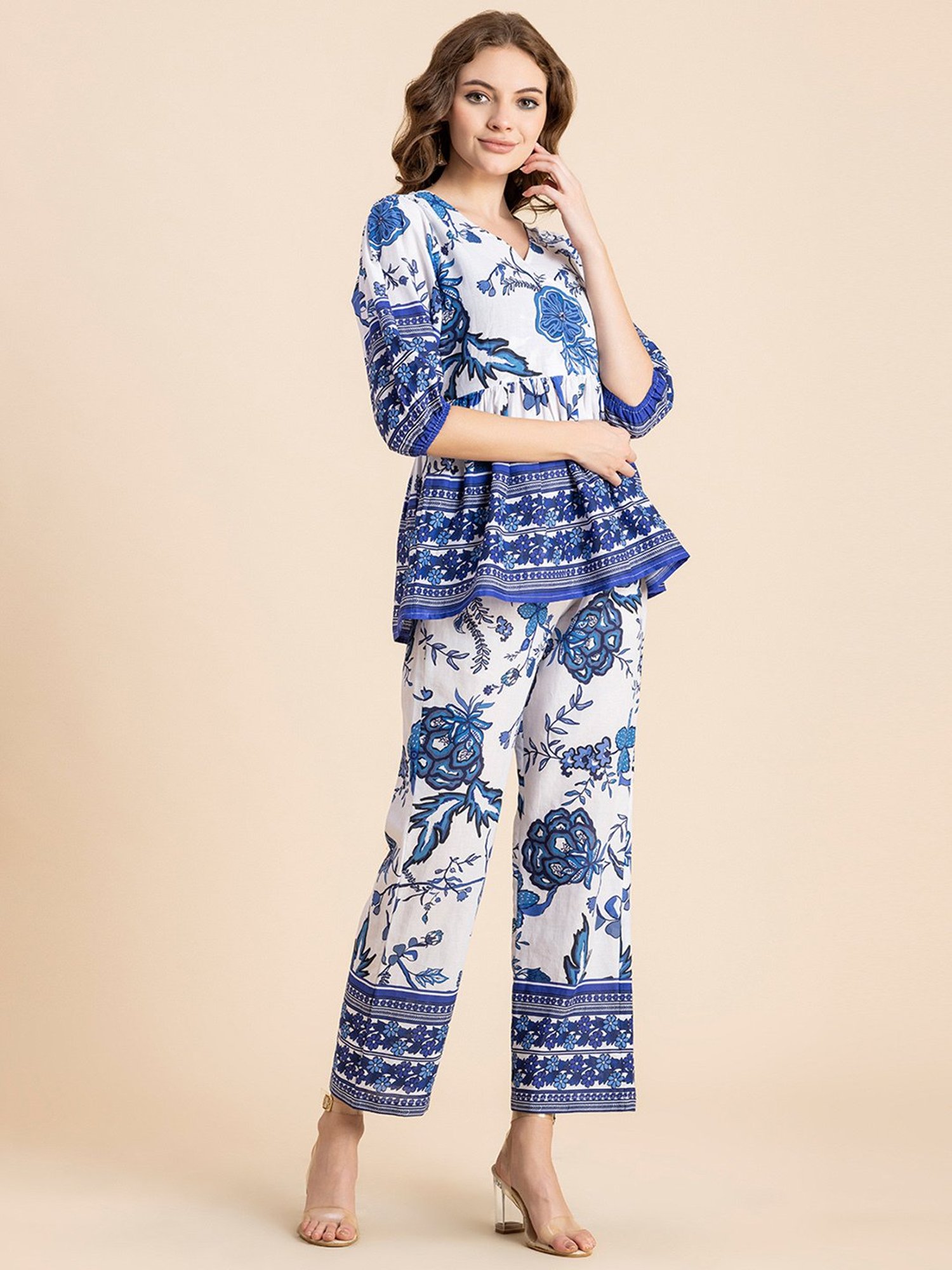 Moomaya White & Blue Cotton Floral Print Top With Pants
