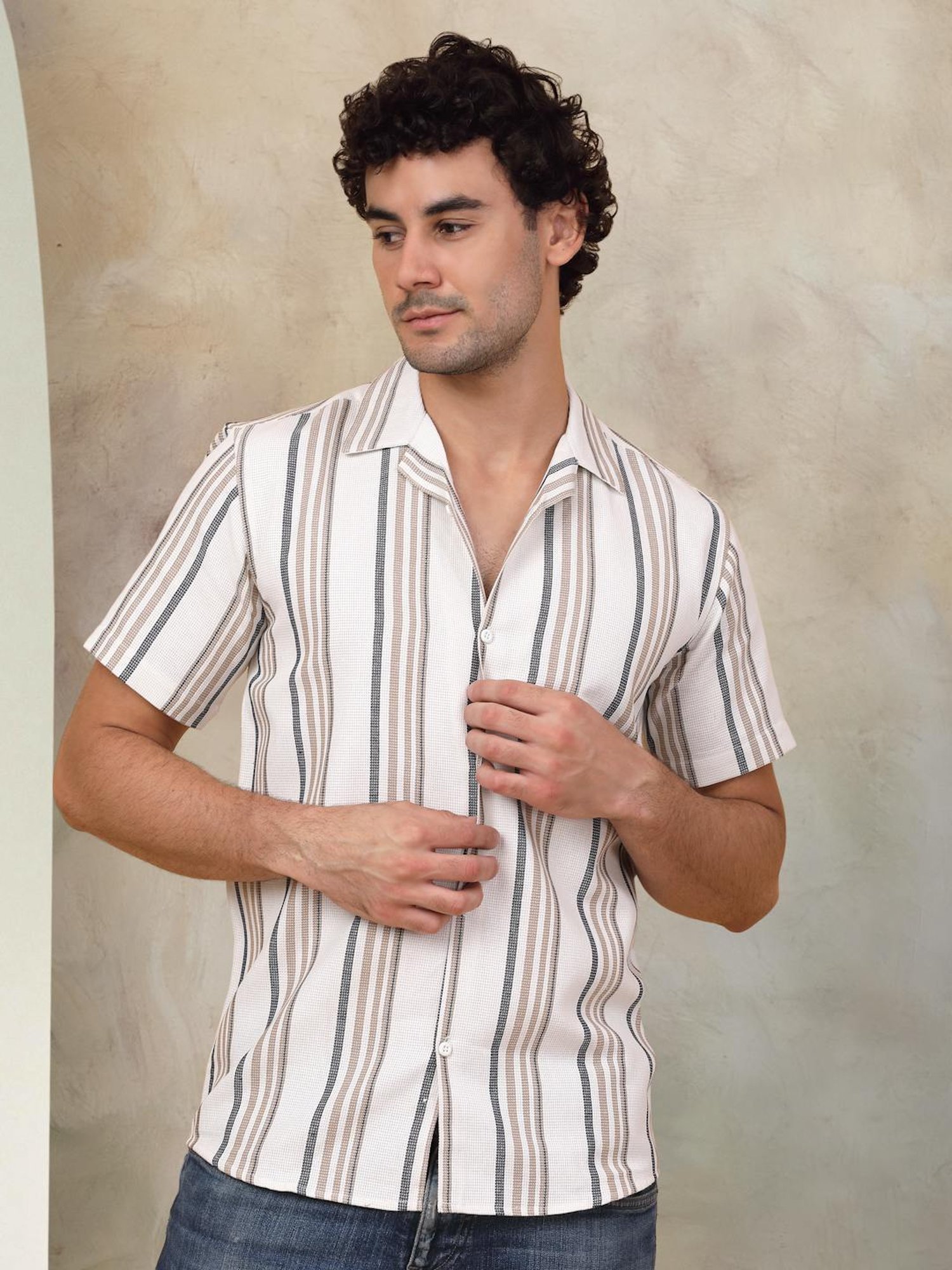 Indian Needle Light-Brown Ragular Fit Striped Shirt