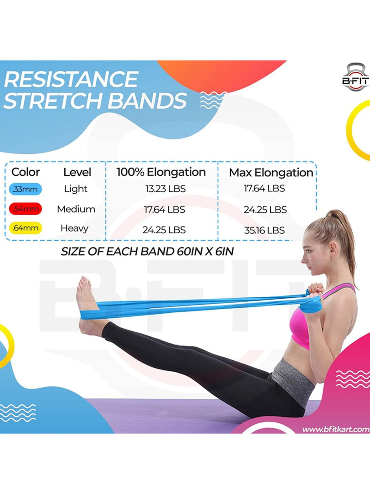 B Fit Exercise Rubber Stretch Resistance Bands Set of 3 (Multicolor)