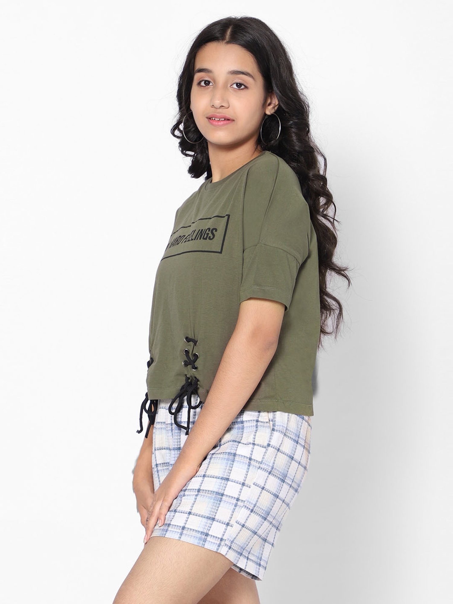 TeenTrums Girls Olive Graphic Print Top
