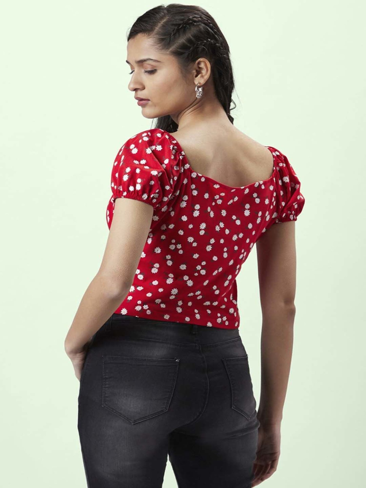 People by Pantaloons Red Cotton Floral Print Crop Top