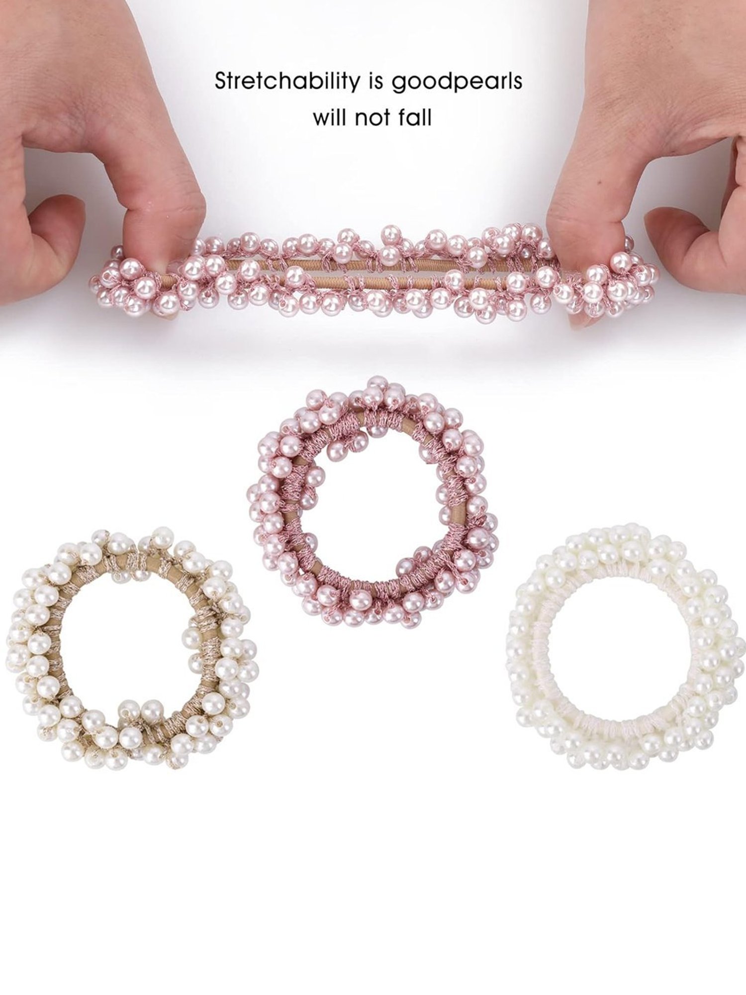 OOMPH Combo of 3 Pearls Gold Pink White Rubber Band Ponytail Holder Stylish Latest