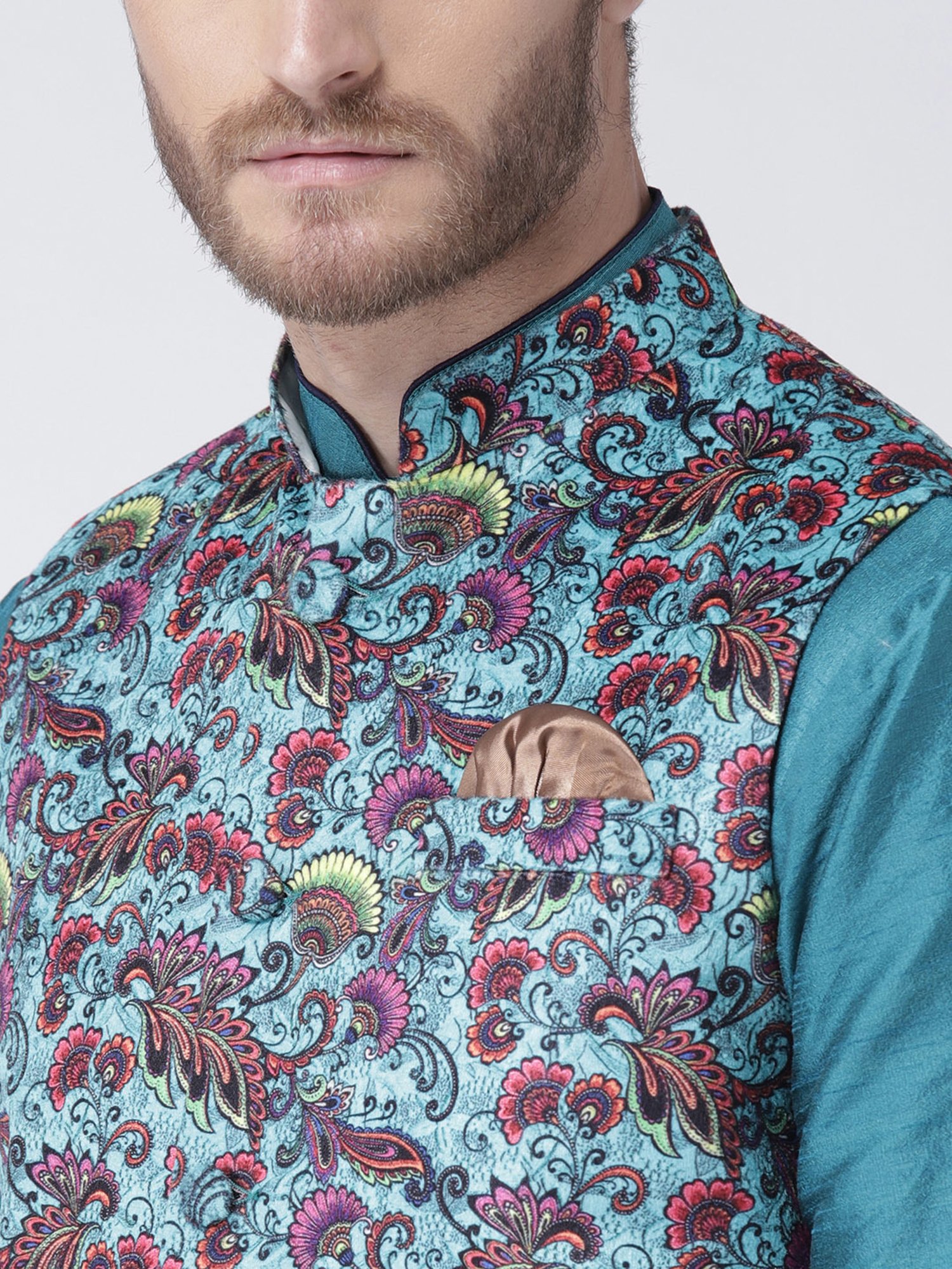 VASTRAMAY Teal Green Regular Fit Printed Nehru Jacket