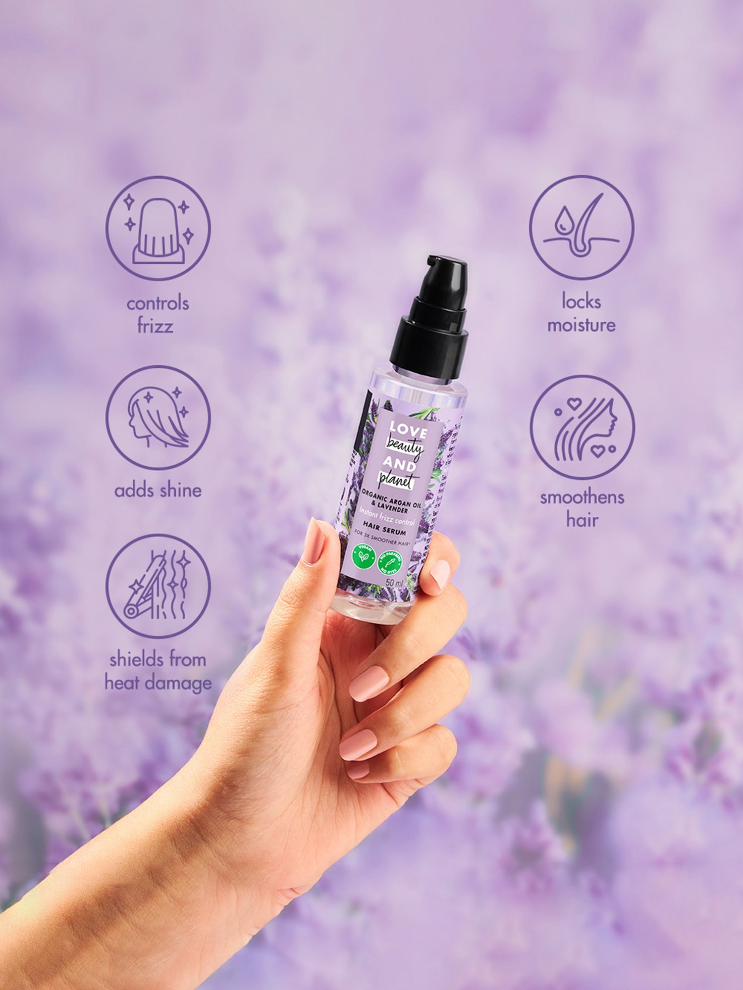 Love Beauty & Planet Organic Argan Oil & Lavender Hair Serum for Frizz Free Hair - 50 ml