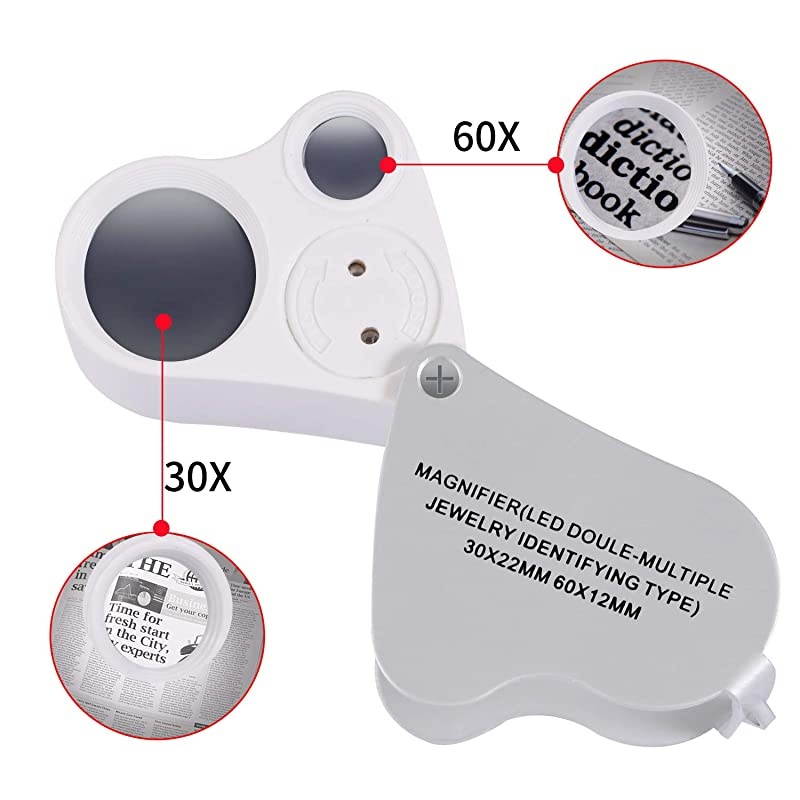 Portable Lighted LED Illuminated Jewelry Magnifier 30X 60X Wearable Handheld Dual Lens Eye Loupe Magnifying Glasses Micro Microscope with Keychain and Lanyard