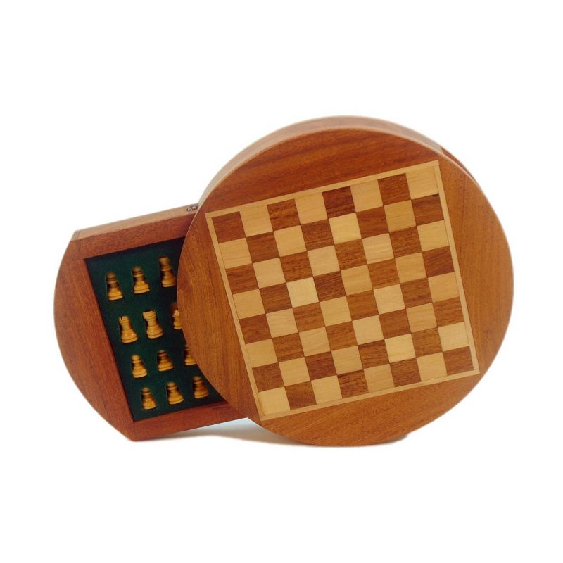 6" Magnetic Round Wood Inlaid Chess Game Set with Slide Drawer