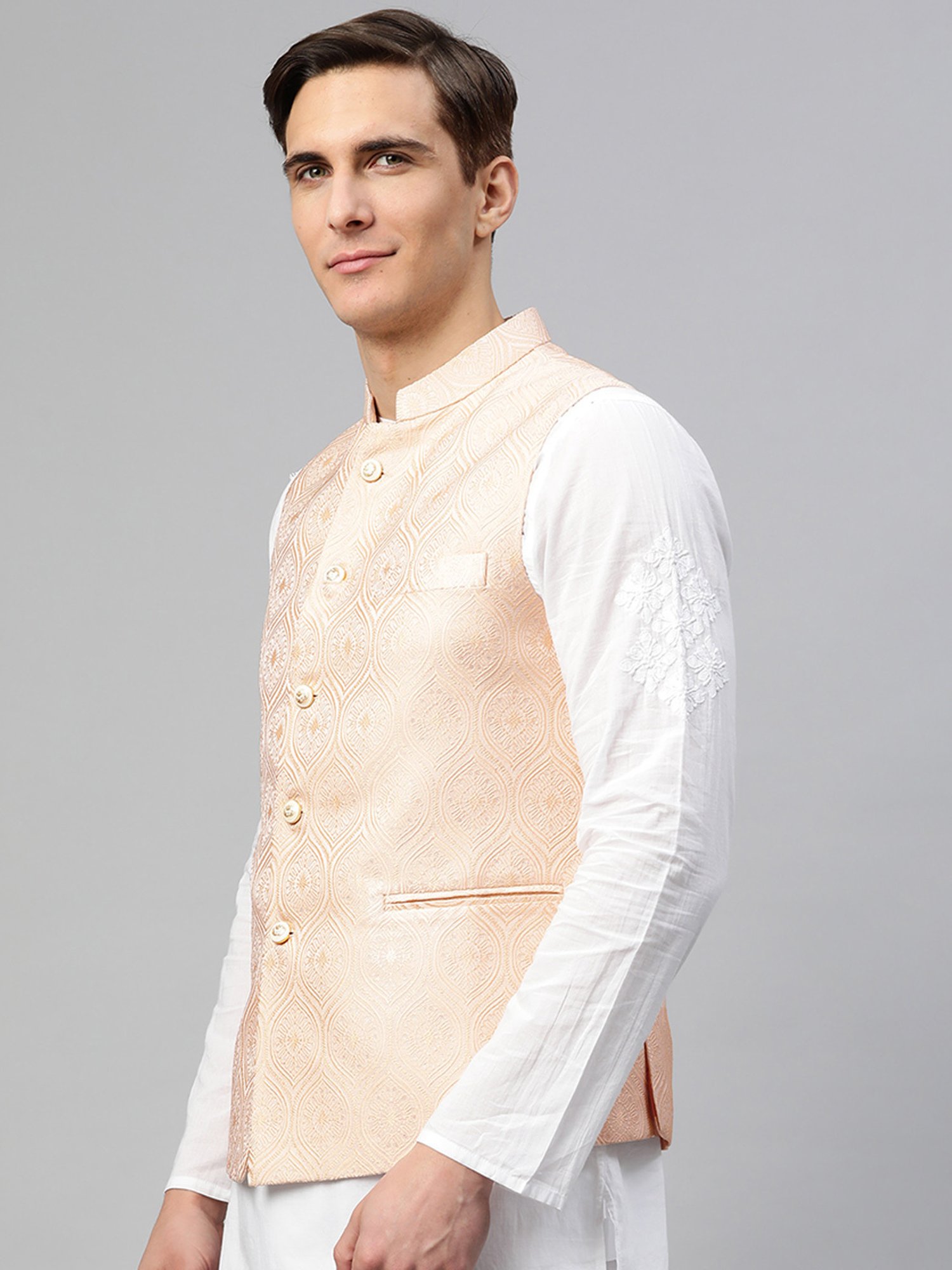ManQ Peach Mandarin Collar Nehru Jacket