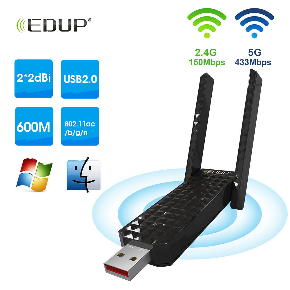 Dual Band USB WiFi Adapter 2.4GHz 5.8GHz Dual Band 802.11AC 600Mbps With External Double Antennas - Black