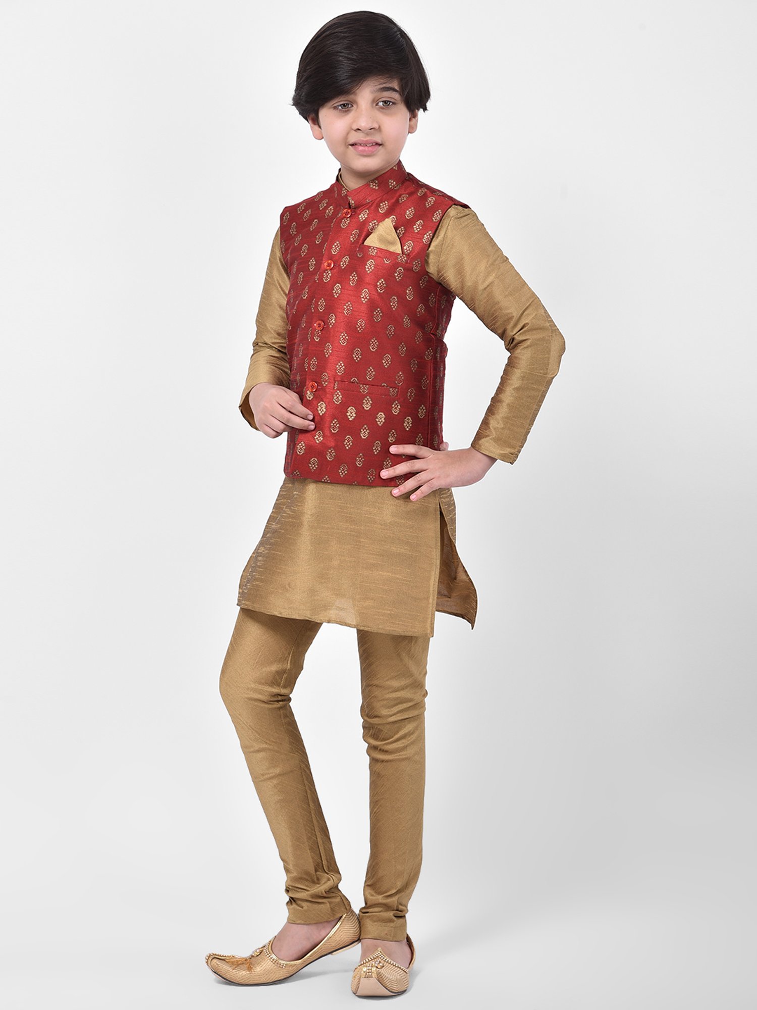 Deyann Kids Brown & Red Self Design Full Sleeves Kurta, Churidar Pants with Nehru Jacket