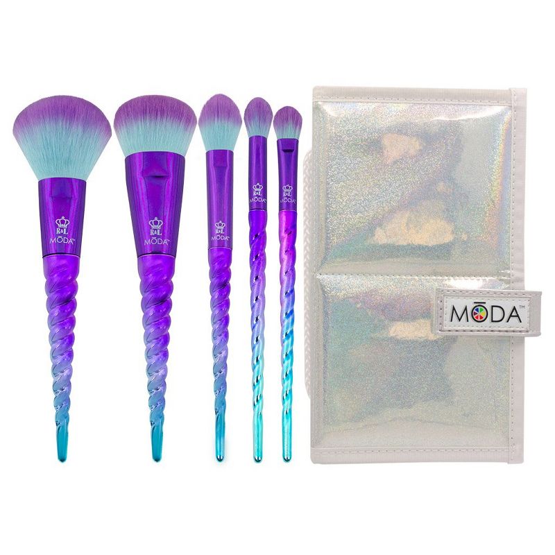 MODA Brush Mythical 6pc Celestial Blue Travel Makeup Brush Set with Holographic Flip Case, Includes - Powder, Complexion, Highlight and Glow, and Crease Brushes