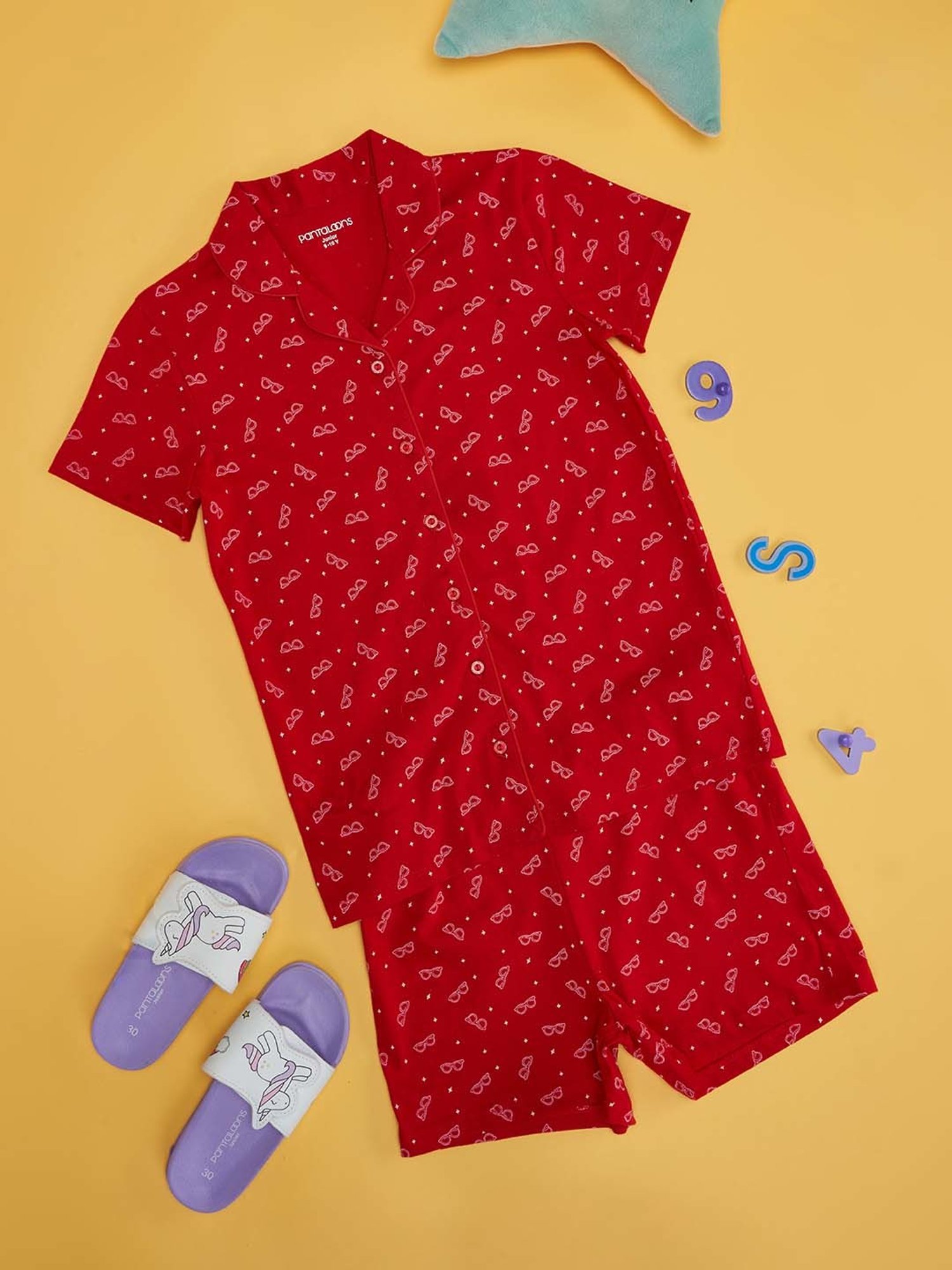 Pantaloons Junior Fiery Red Cotton Printed Shirt Set
