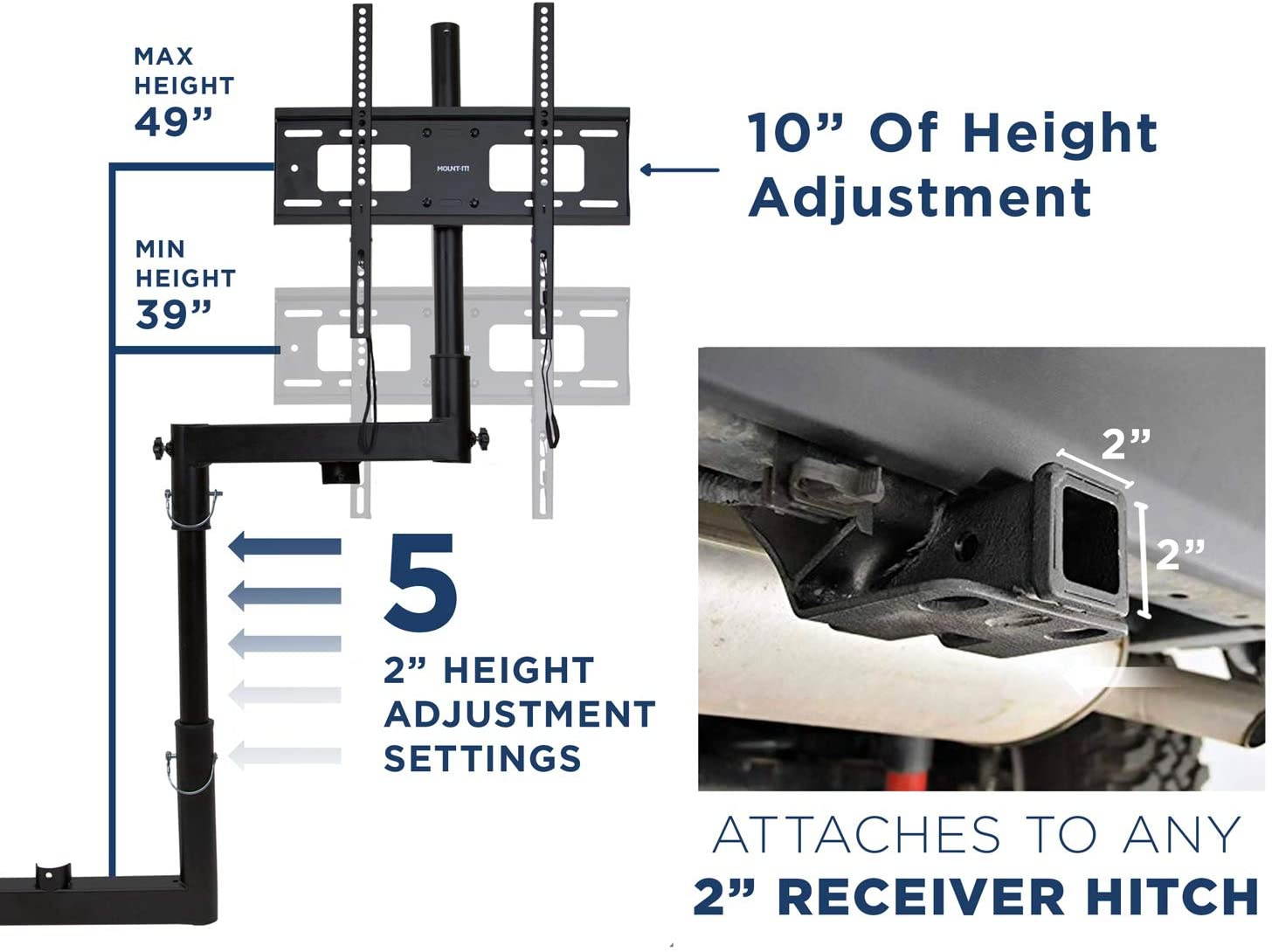 Mount-It! Tailgate TV Mount | Full Motion Tailgate TV Stand for 2 Inch Receiver Hitch | Height Adjustable, Swivel Motion Fits Up to 55 Inch TVs| Steel, Black