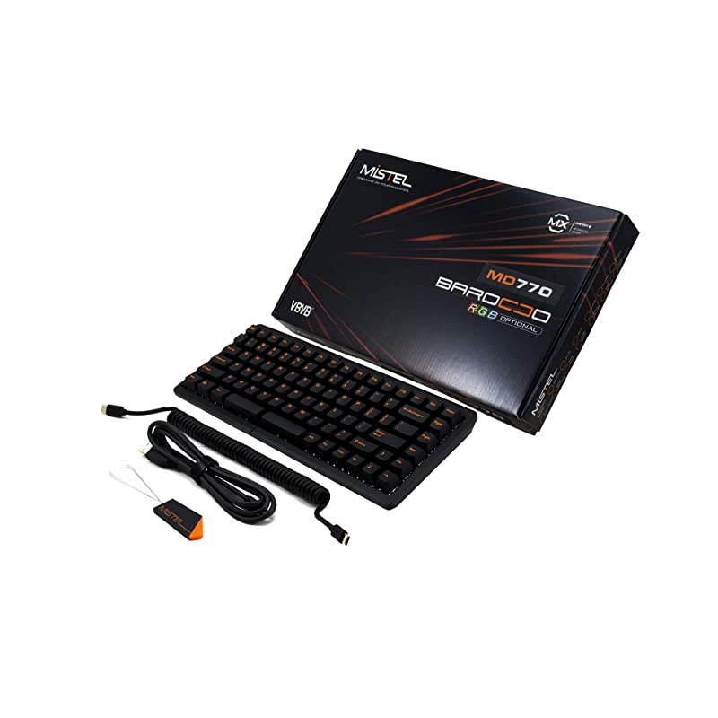 BAROCCO MD770 RGB LED Backlit TKL Split Mechanical Keyboard with Cherry MX Red Switch, Ergonomic Keyboard with Orange Letter PBT Double Shot Keycaps for Windows and Mac, Macro Support, ANSI