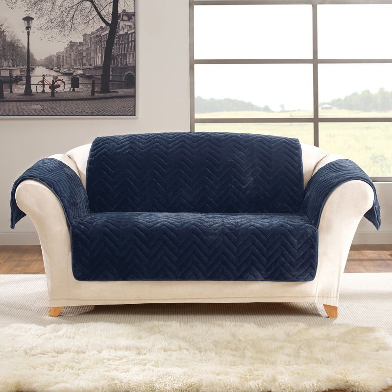 Navy Quilted Faux Fur Loveseat Furniture Cover - Sure Fit