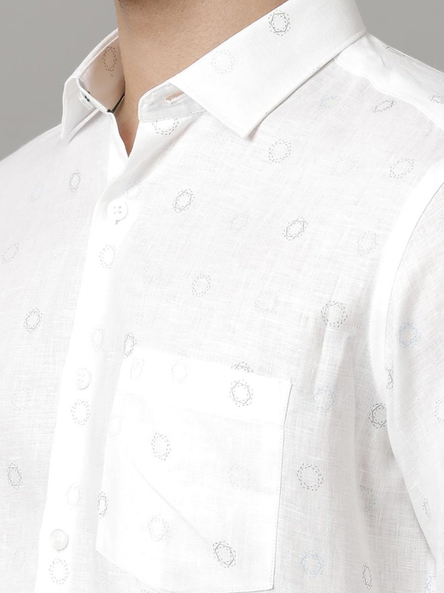 Linen Club White Linen Contemporary Fit Printed Shirt