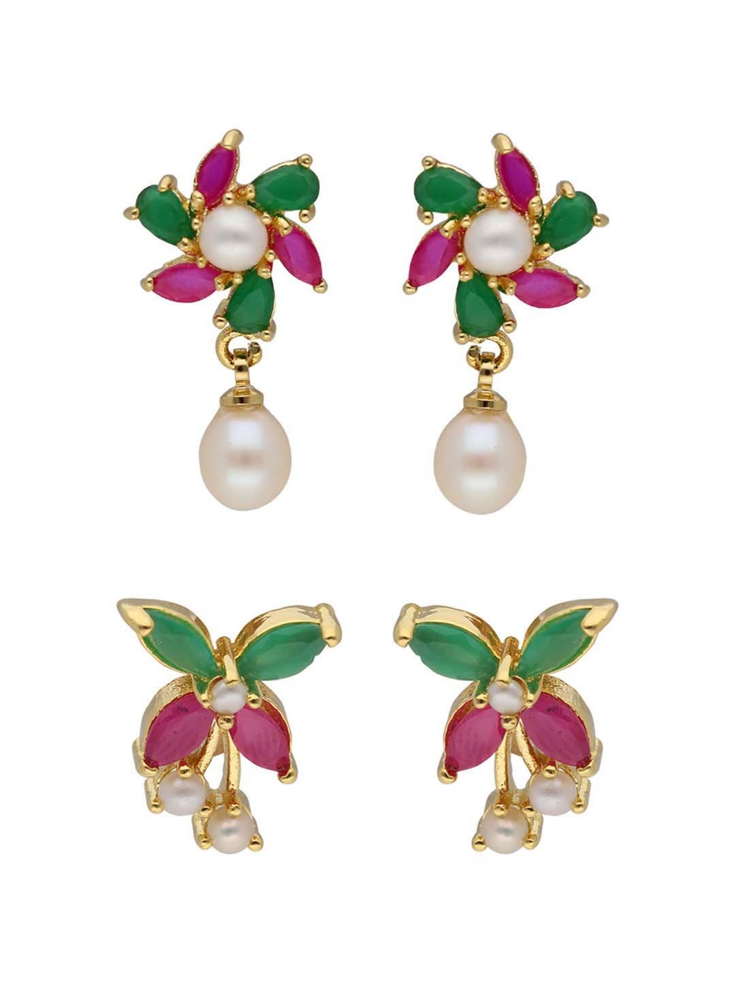 Sri Jagdamba Pearls Pink & Green Sunflower Pearl Drop Earrings