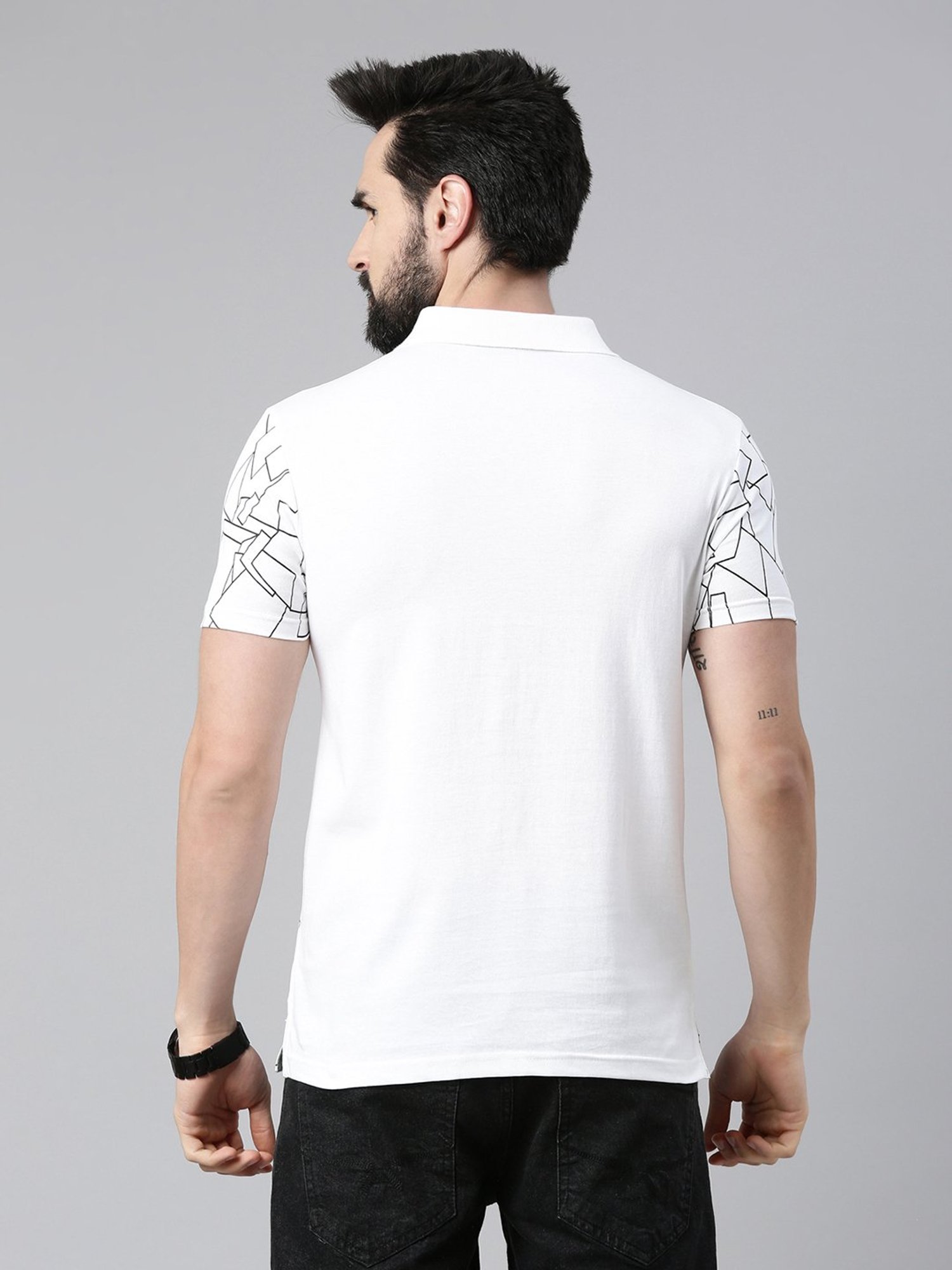 Kryptic White Regular Fit Printed Cotton Polo T-Shirt