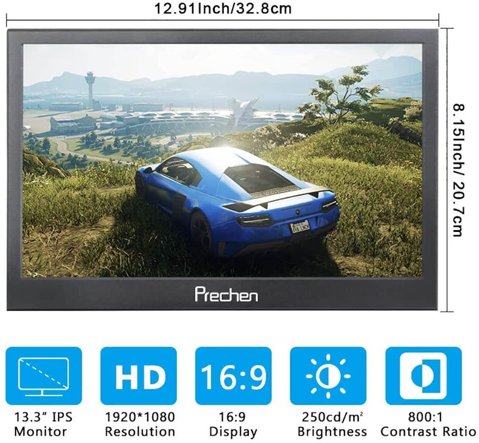 Portable Monitor 13.3 inch,Prechen Computer Display1920x1080 USB Gaming Monitor with Dual HDMI Interfaces External Secondary Display for PC Mac Laptop Phone PS3 PS4 Xbox Dual Speakers Leather Case