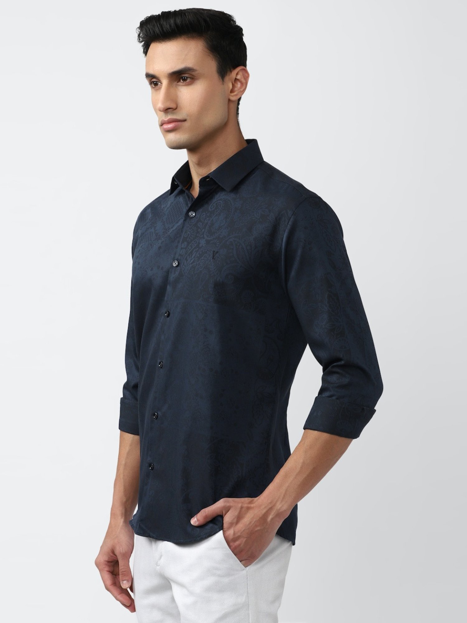 V Dot Navy Cotton Slim Fit Printed Shirt