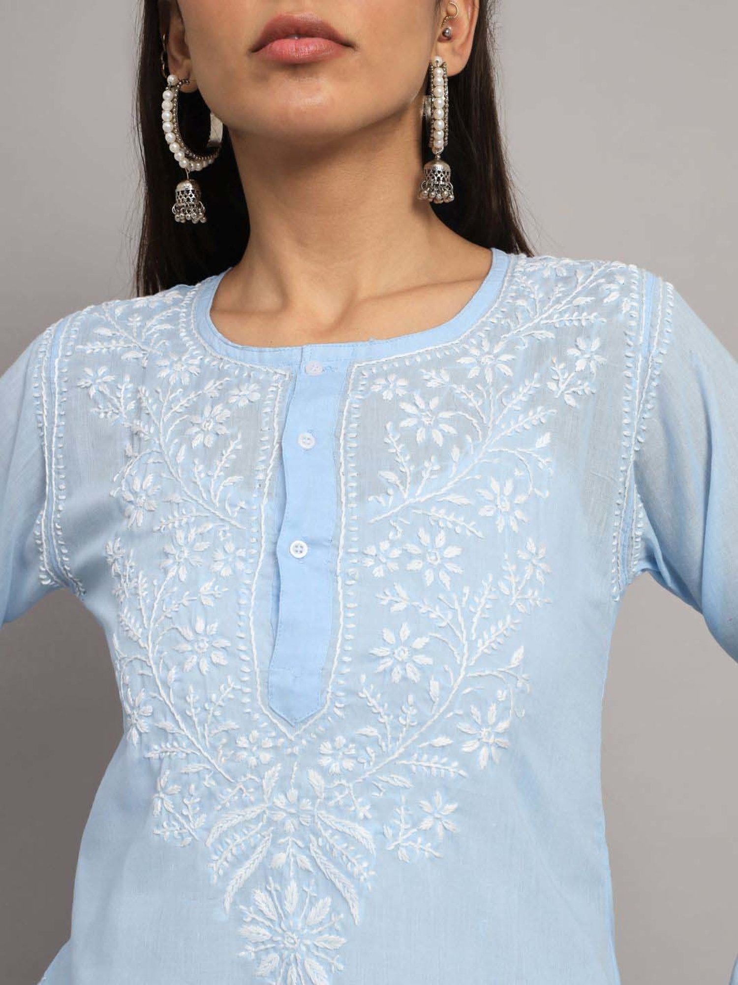 PARAMOUNT CHIKAN Powder Blue Cotton Chikankari Straight Kurti
