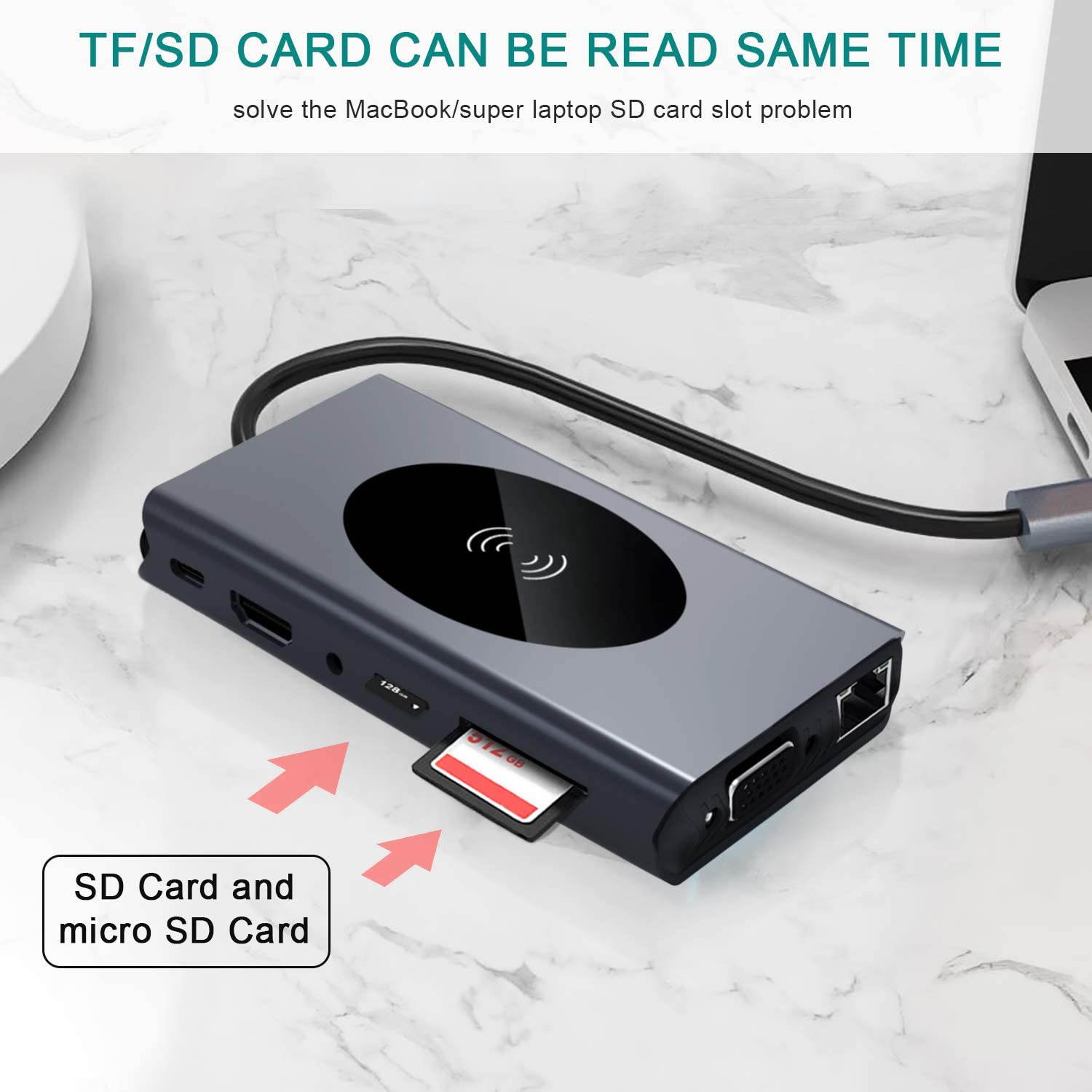 13 in 1 USB C Hub Multiport Adapter USB-C Docking Station with 4K HDMI, VGA, Ethernet, Wireless Charging, 5 USB 3.0, SD/TF Card Reader Compatible for MacBook Pro and More Type C Laptops