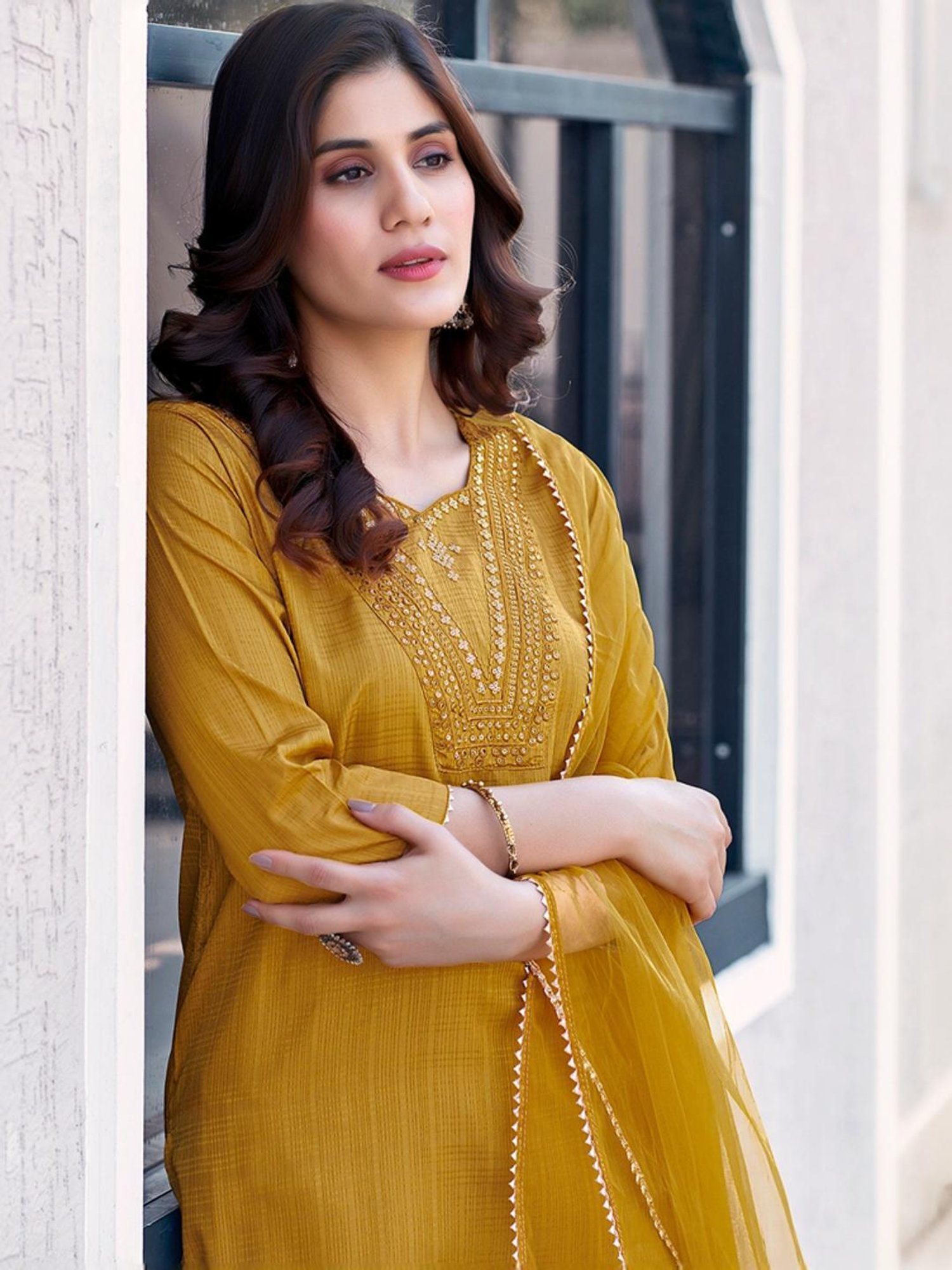 Skylee Mustard Embroidered Kurta Pant Set With Dupatta