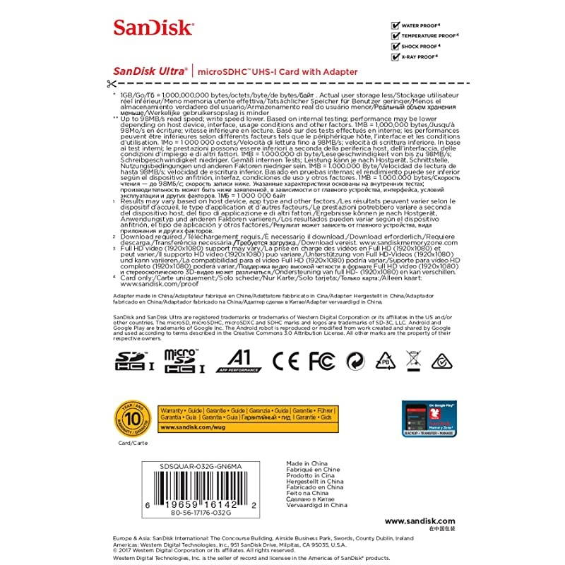 32GB Ultra microSDHC UHS-I Memory Card with Adapter - 98MB/s, C10, U1, Full HD, A1, Micro SD Card - SDSQUAR-032G-GN6MA