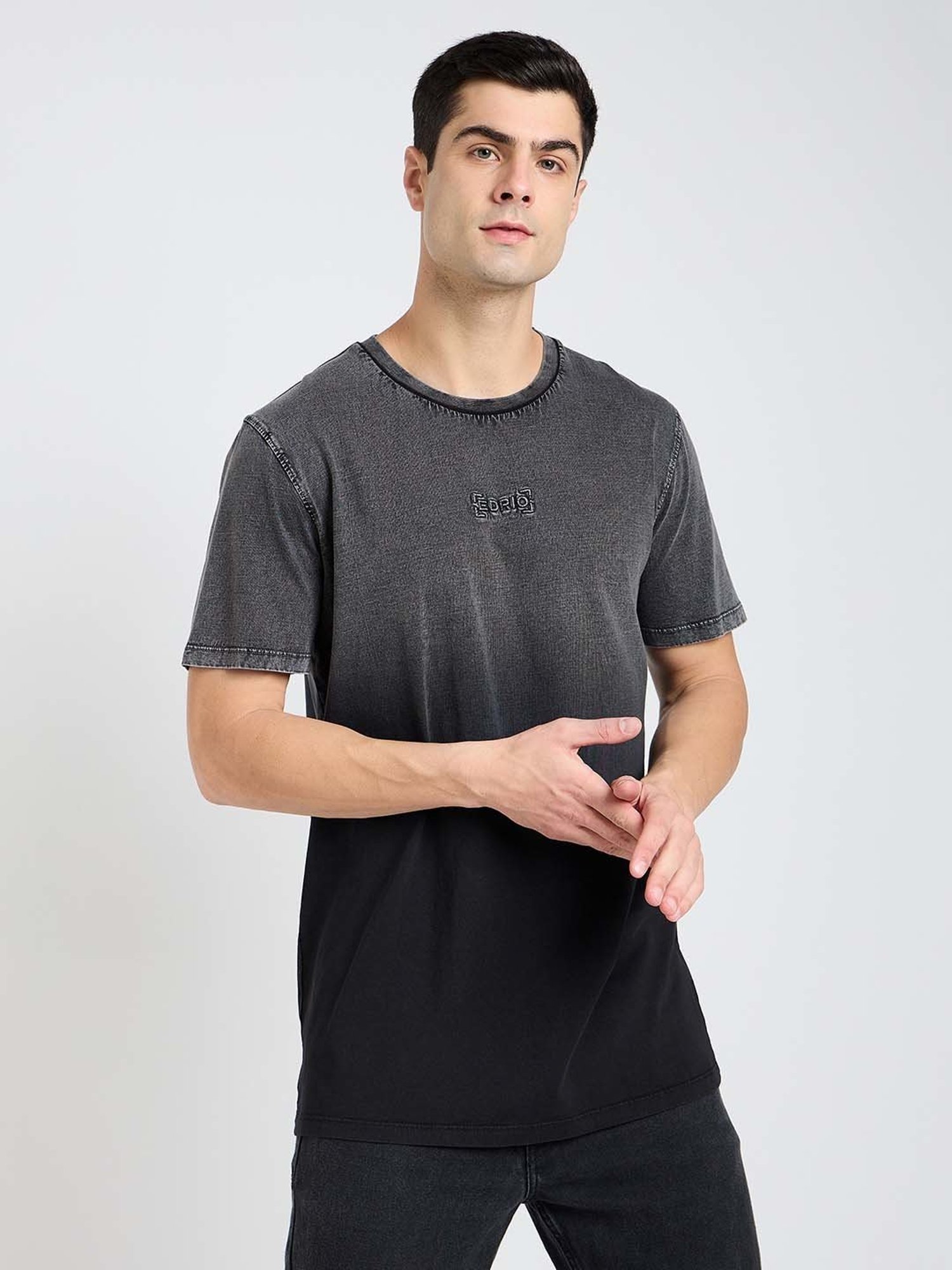 EDRIO Grey Regular Fit Self Design Crew T-Shirt