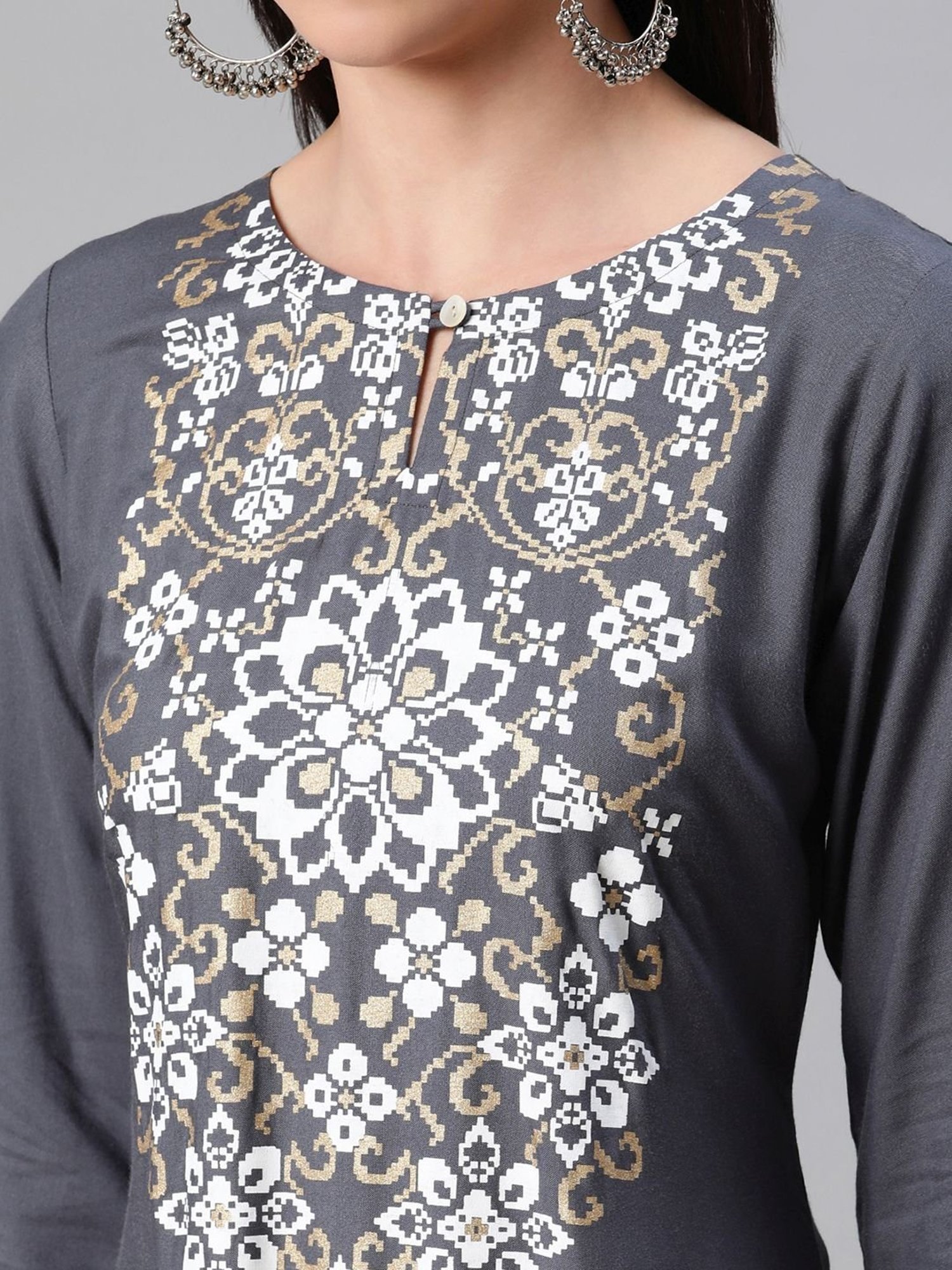 Ziyaa Grey Printed Straight Kurta