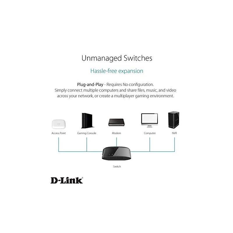 Ethernet Switch, 5-Port Gigabit Plug n Play Compact Design Fanless Desktop Switch (DGS-1005G),Black