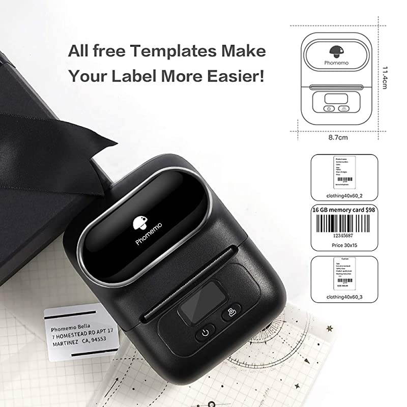 M110 Label Maker - Portable Bluetooth Thermal Label Maker Printer for Clothing, Jewelry, Retail, Mailing, Barcode, Compatible with Android & iOS System, with 1pack 40&times;30mm Label, Black