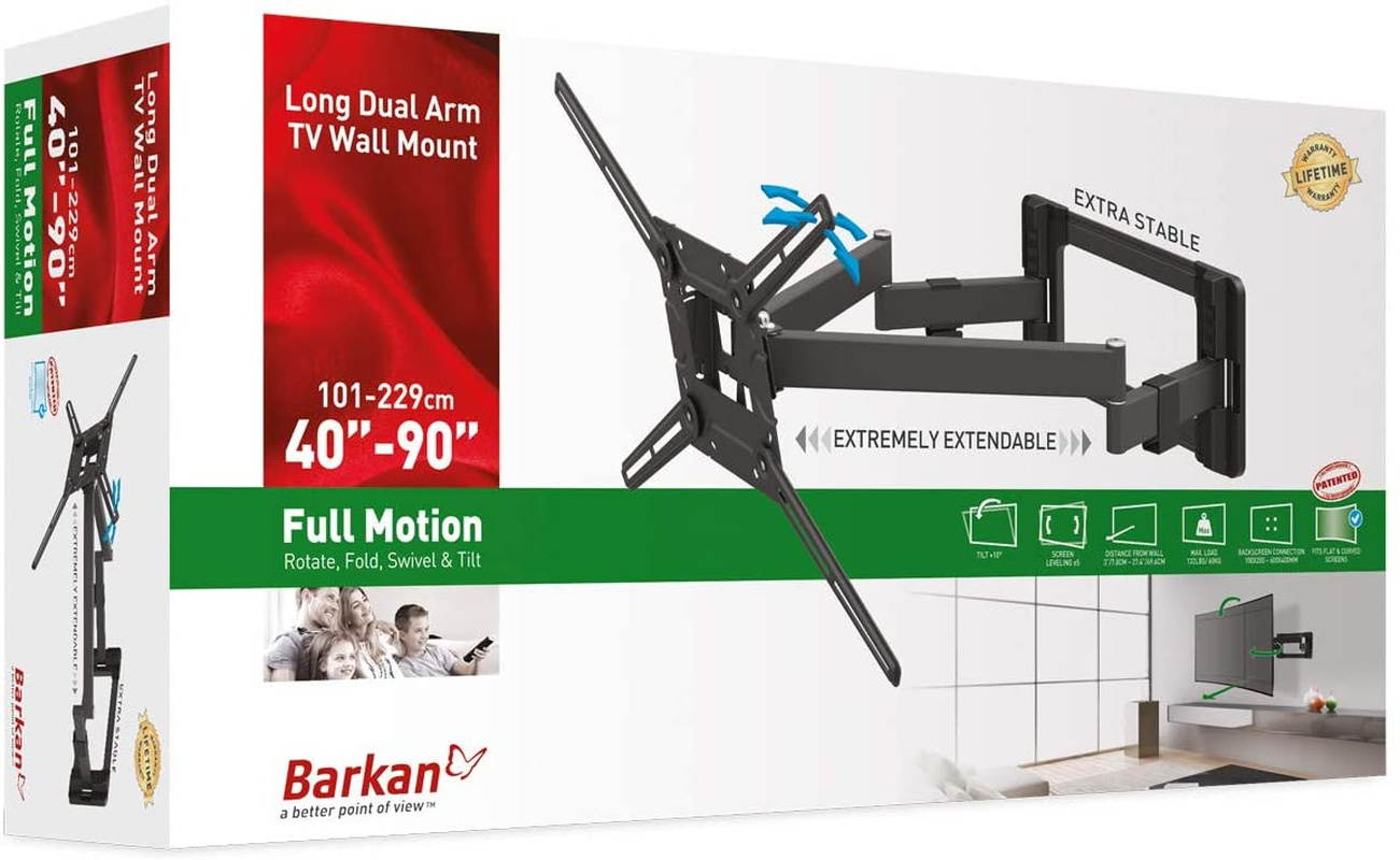 Barkan TV Wall Mount, 40-90 inch Dual Arm Full Motion Articulating - 4 Movement Flat/Curved Screen Bracket, Up to 132 lbs, Extra Stable, UL Listed, Fits LED OLED LCD