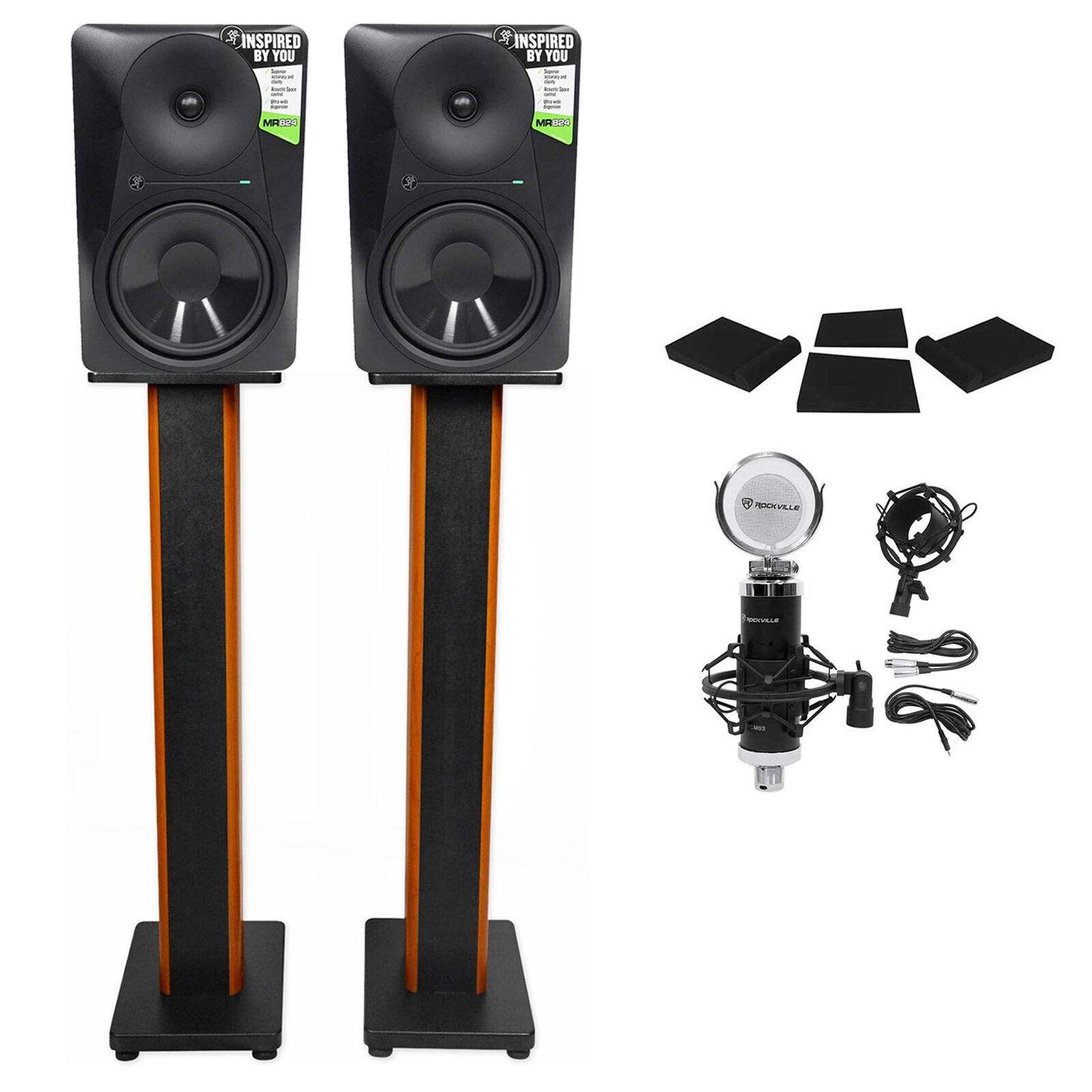 (2) Mackie MR824 8&rdquo; 85 Watt Studio Monitors+Condenser Mic+36" Stands+Pads