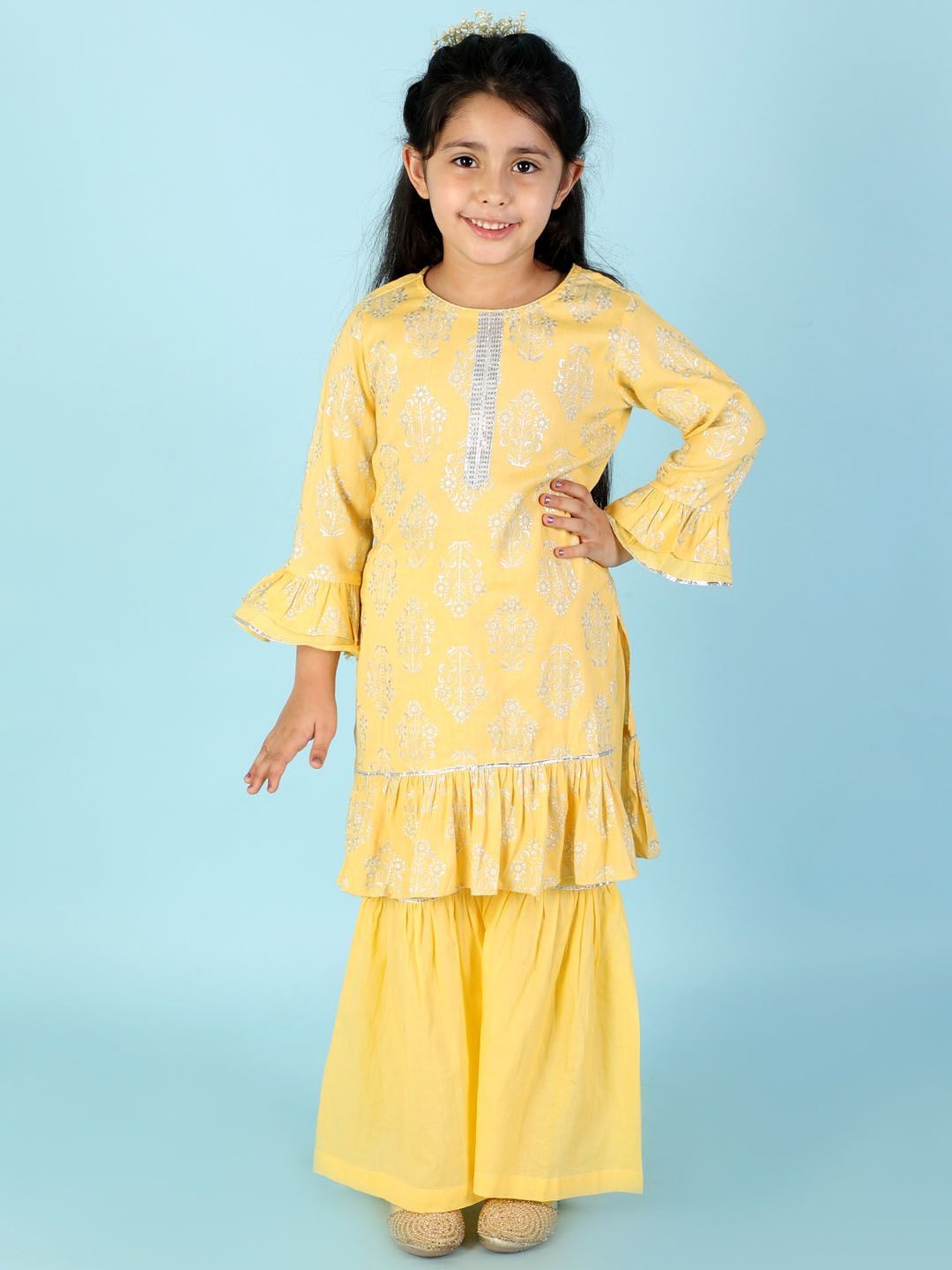 Lil Drama Kids Yellow Floral Print Full Sleeves Kurta with Sharara