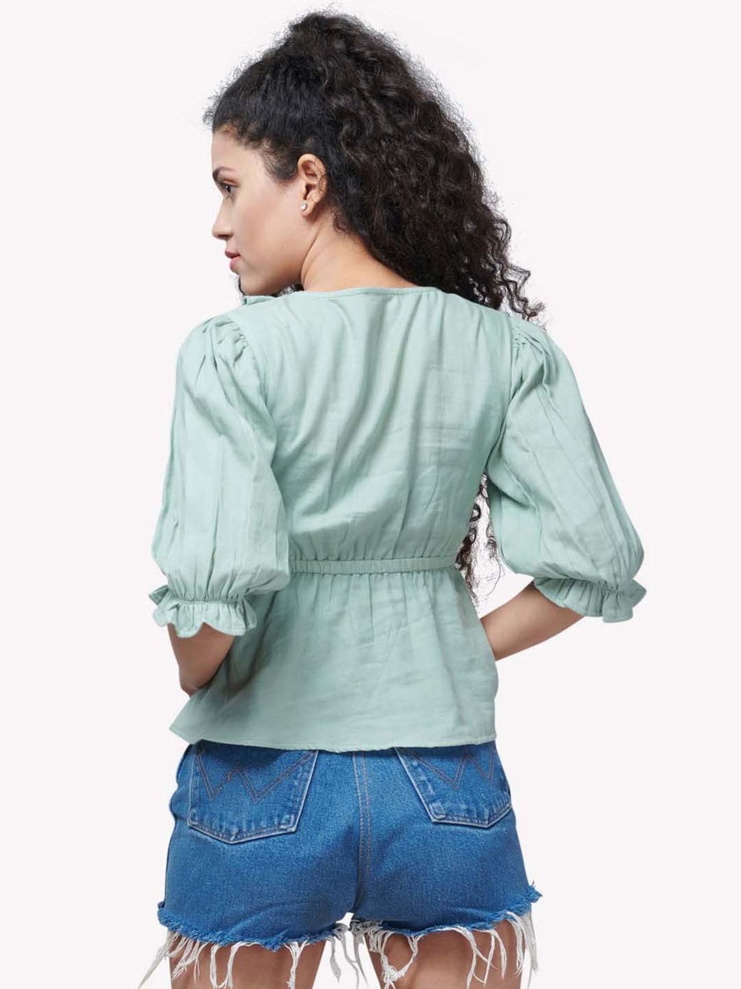 VASTRADO Green Cotton V Neck Top