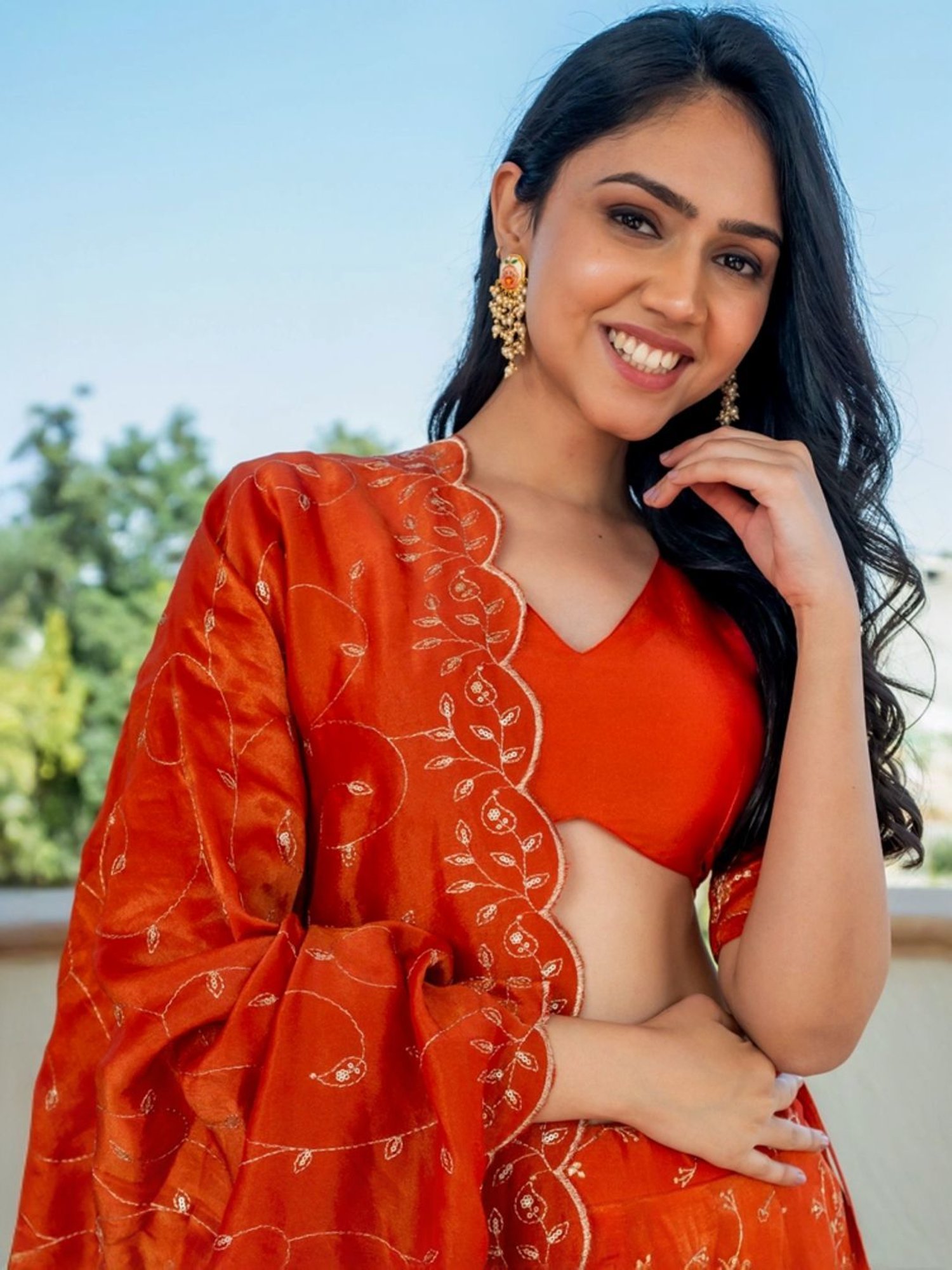 HOUSE OF JAMOTI Orange Embroidered Lehenga Choli Set With Dupatta