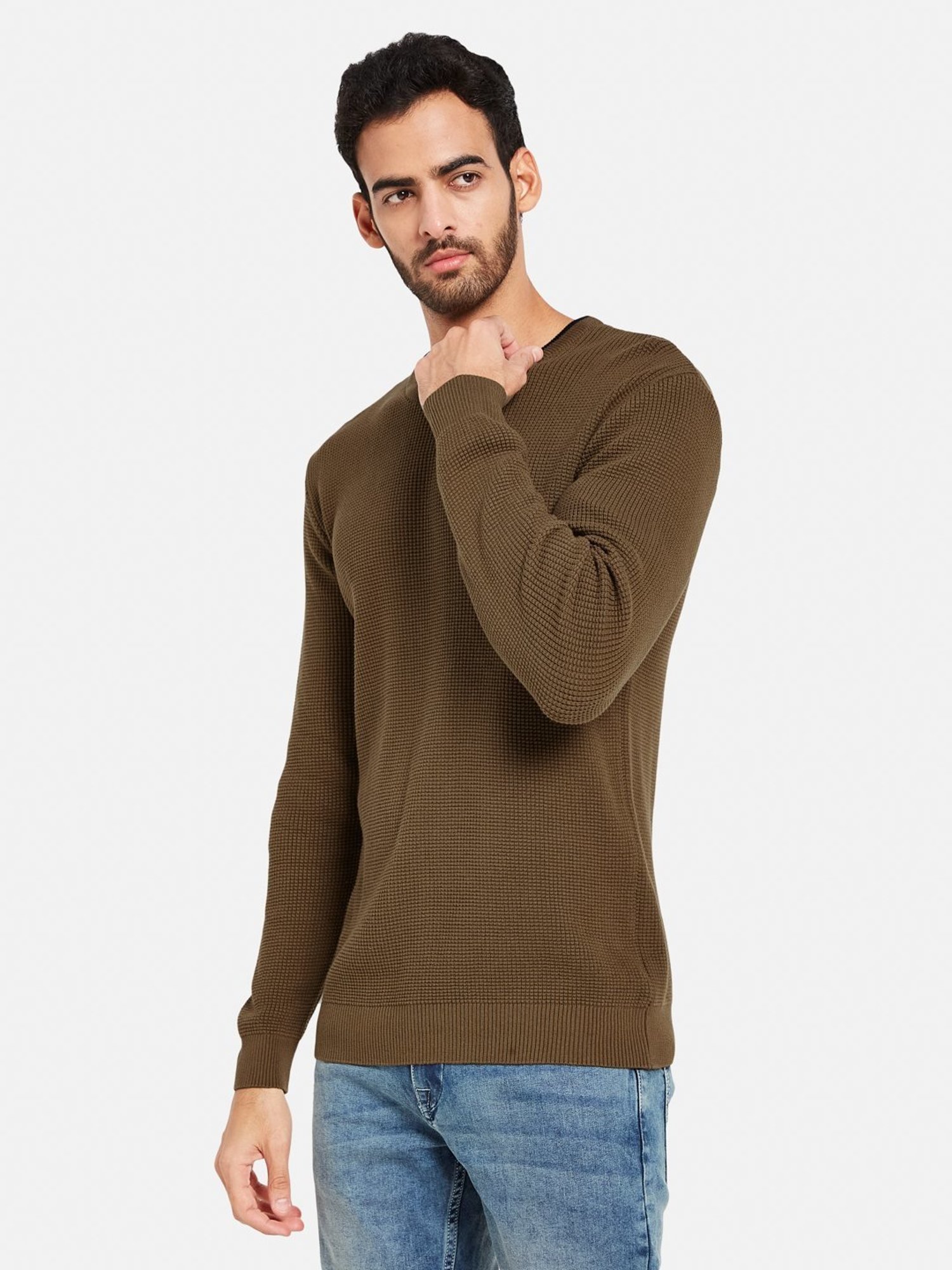 METTLE Tan Cotton Regular Fit Sweater