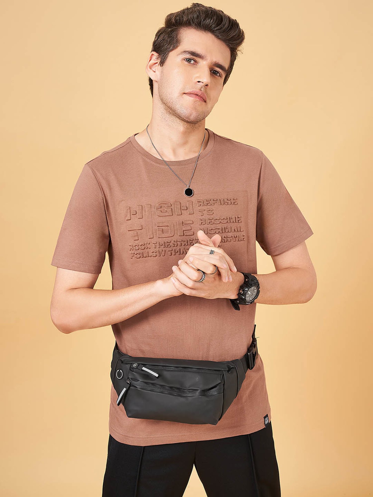 Street 808 by Pantaloons Light Brown Cotton Regular Fit Printed T-Shirt
