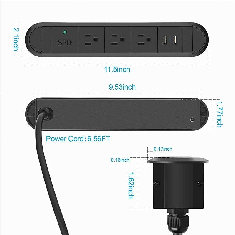 Recessed Power Strip with USB Ports Furniture Desk Recessed Plug Outlet Metal Surge Protector Power Strip with 656FT Cord 120V 12A 1440W