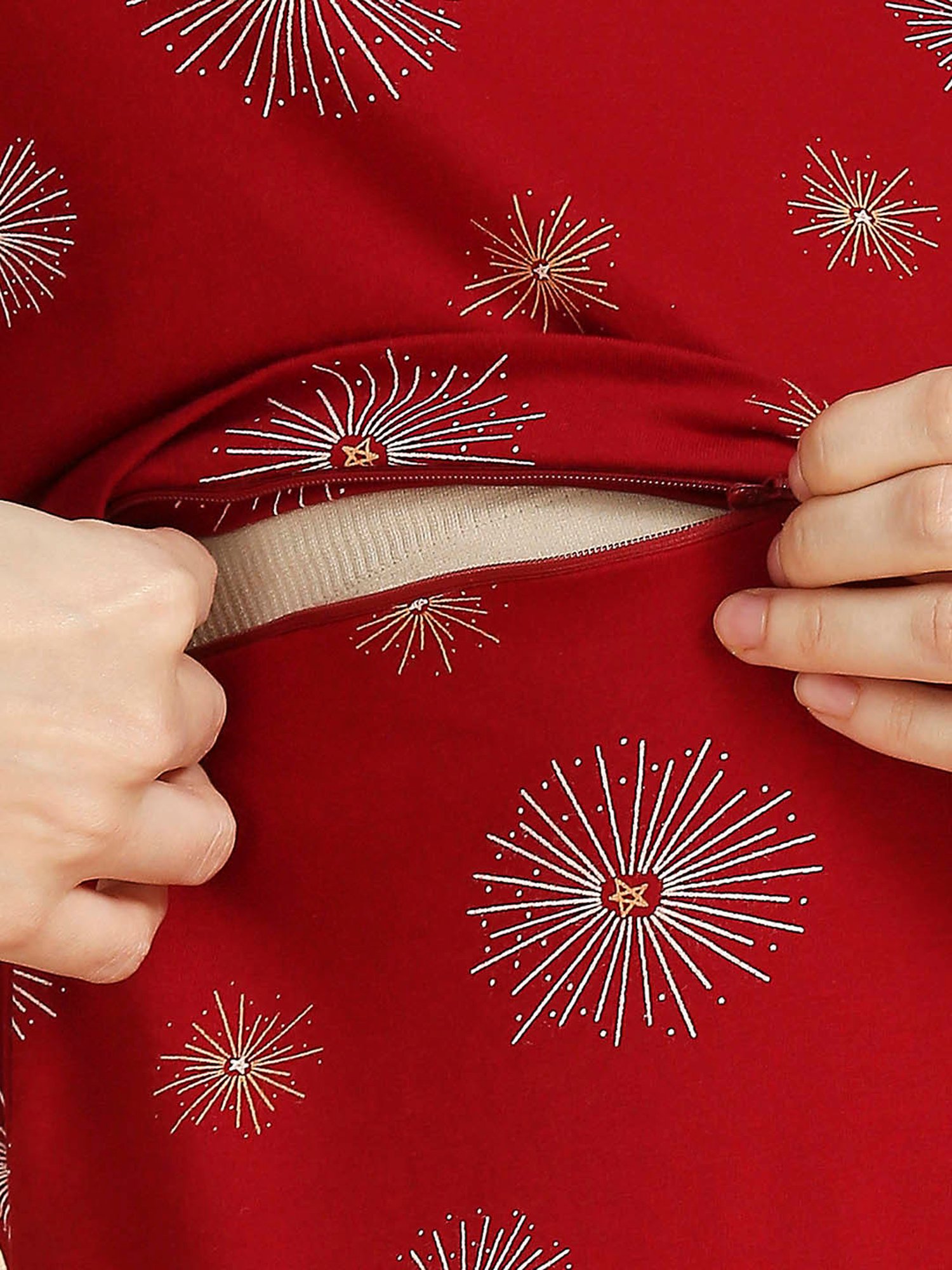 MomToBe Maroon Cotton Printed Feeding Nighty