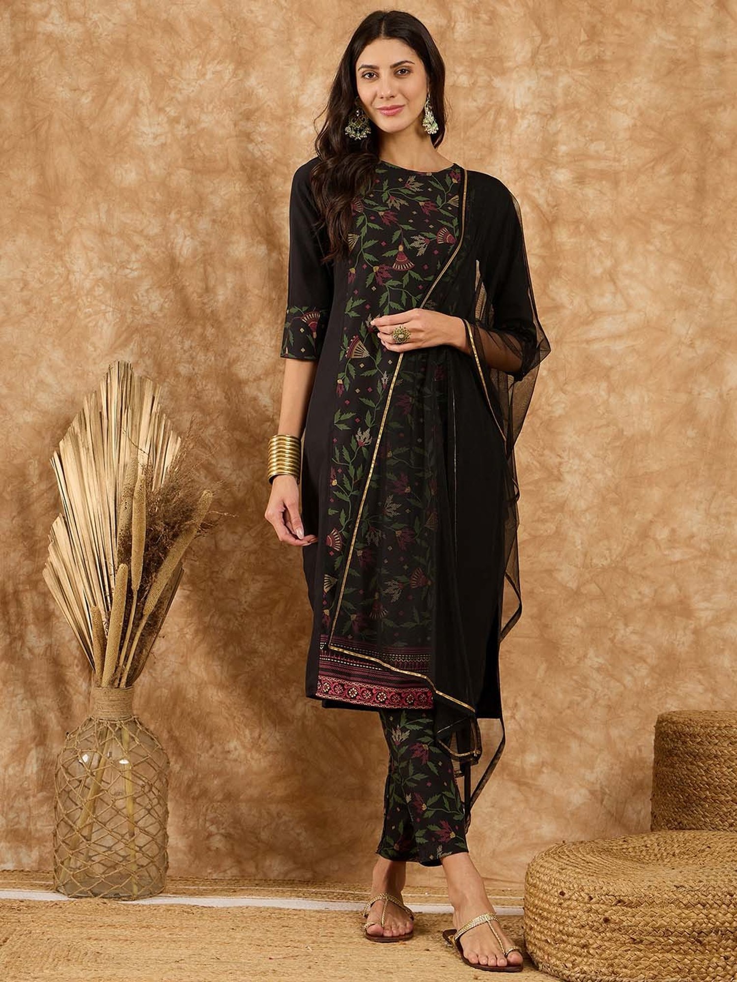 Ziyaa Black Printed Kurta With Pant & Dupatta